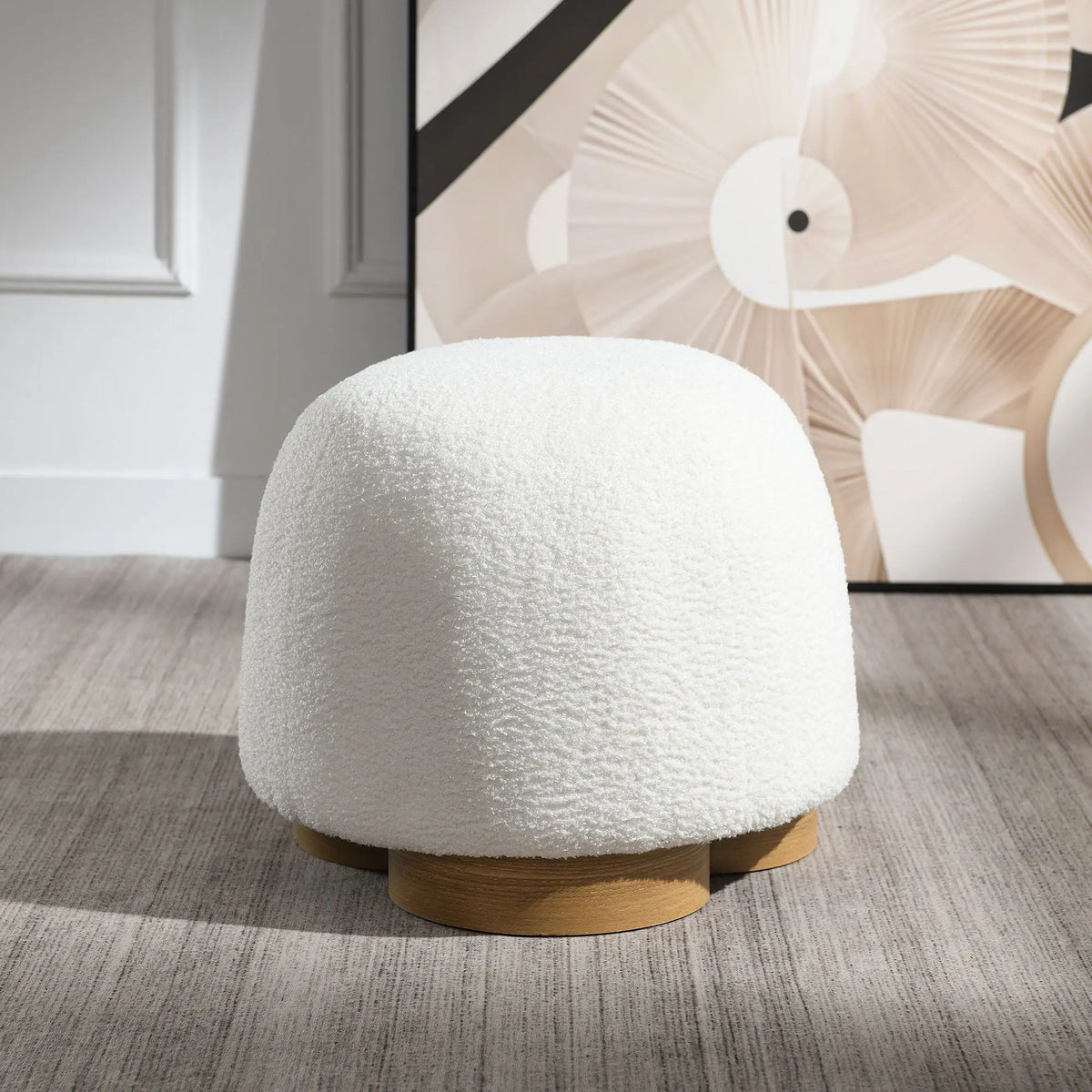 Round Soft Teddy Fabric Upholstered Ottoman With Metal Accents Home Essentials