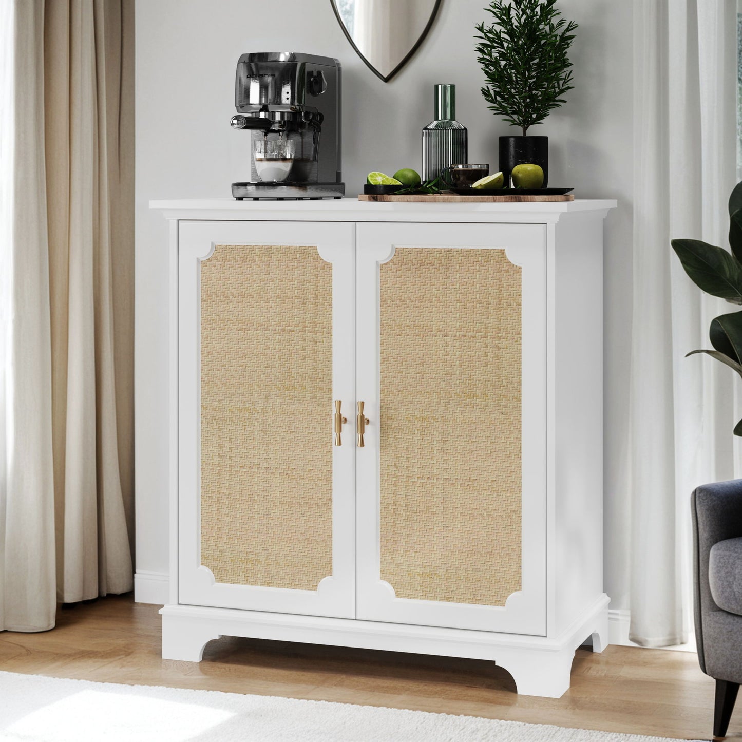 Rattan Decorated Sideboard Buffet Storage Liquor Cabinet - White Home Essentials