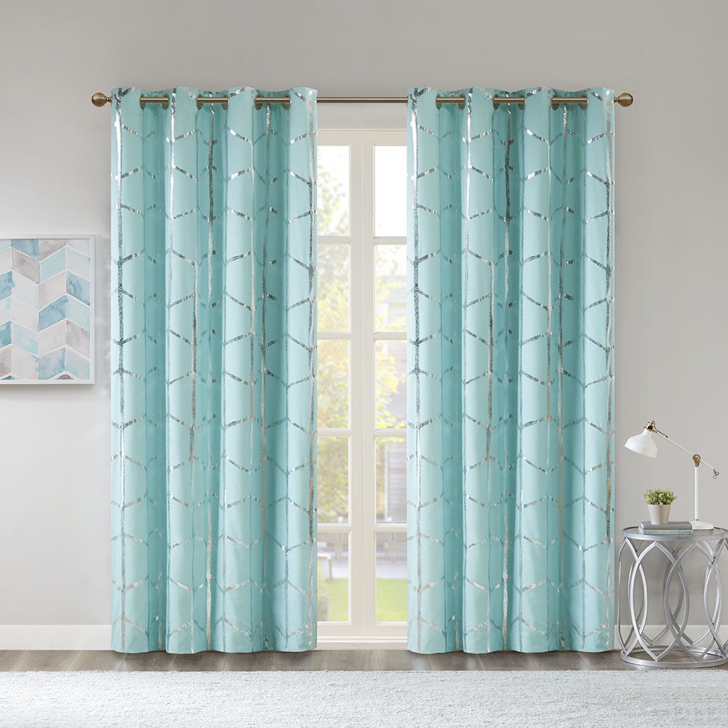 Raina - 63" Total Blackout Metallic Print Grommet Top Curtain Panel - Aqua / Silver Intelligent Design