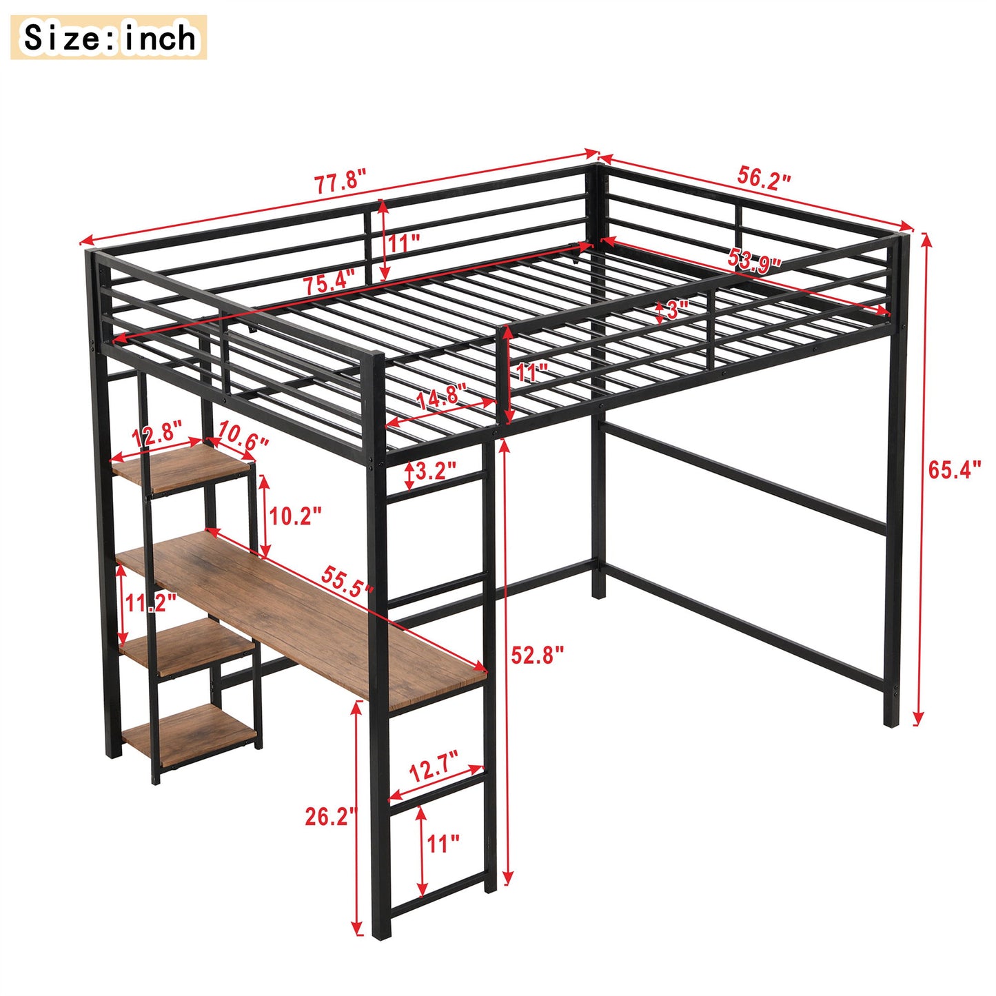 Loft Bed With Built In Desk And Storage Shelves, Full Size - Black Hearth and Haven