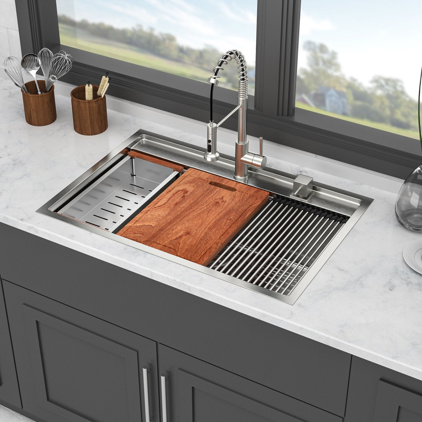 33" Drop In Kitchen Sink With Workstation, 16 Gauge Stainless Steel - Brushed Nickel Daily Nest