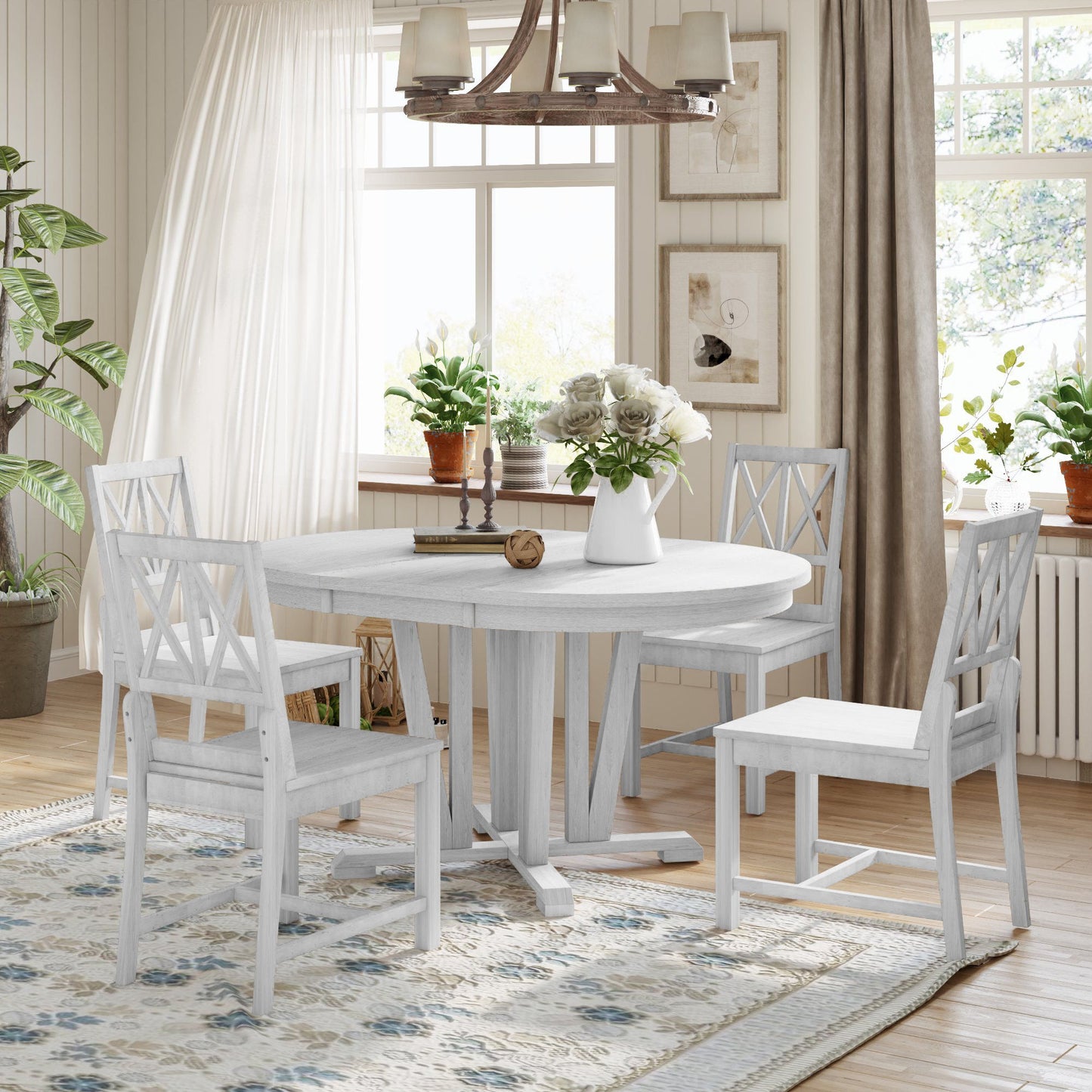 Topmax - 5 Piece Rustic Extendable Dining Table Set Round Trestle Table And 4 Cross Back Dining Chairs For Kitchen, Dining Room Hearth and Haven
