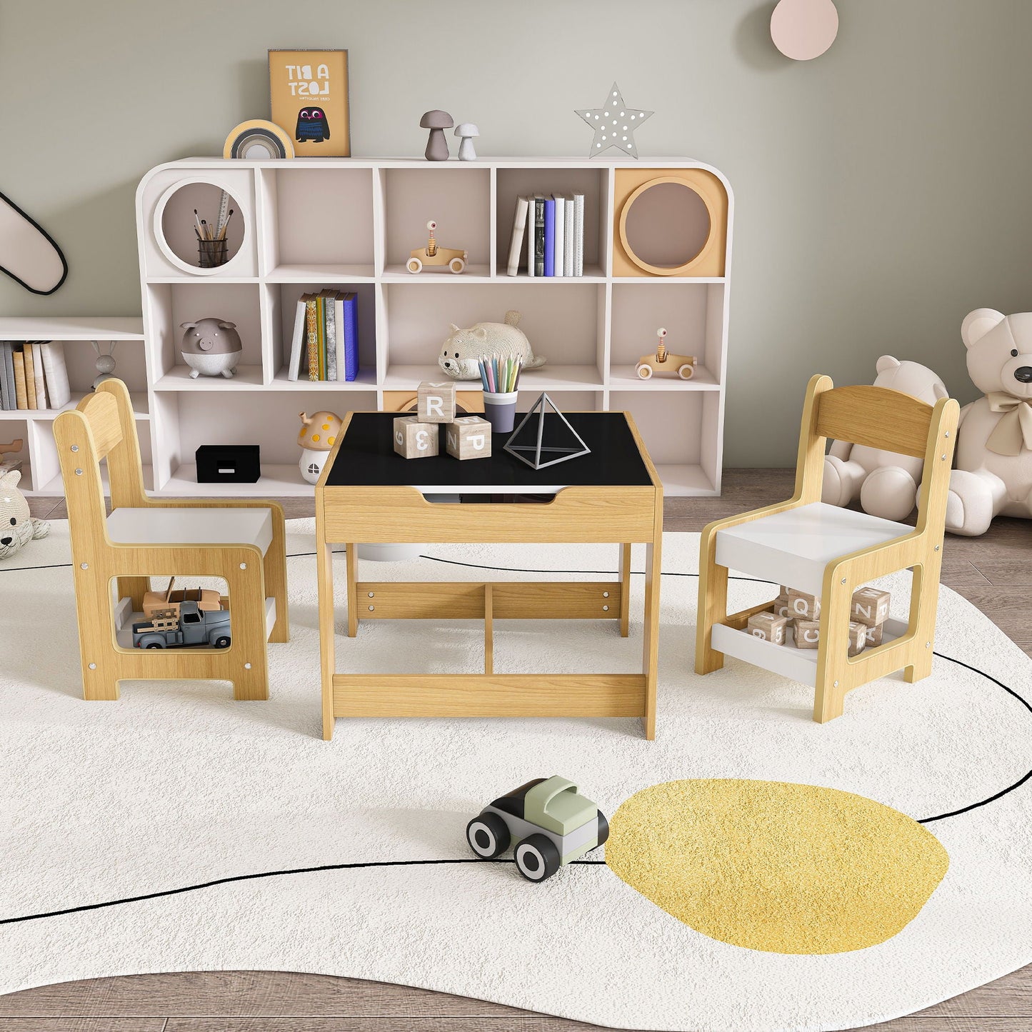 3 In 1 Kids Study Table & Chairs Set Multi Functional Activity Table With Detachable Blackboard Top - Natural Wood Home Essentials