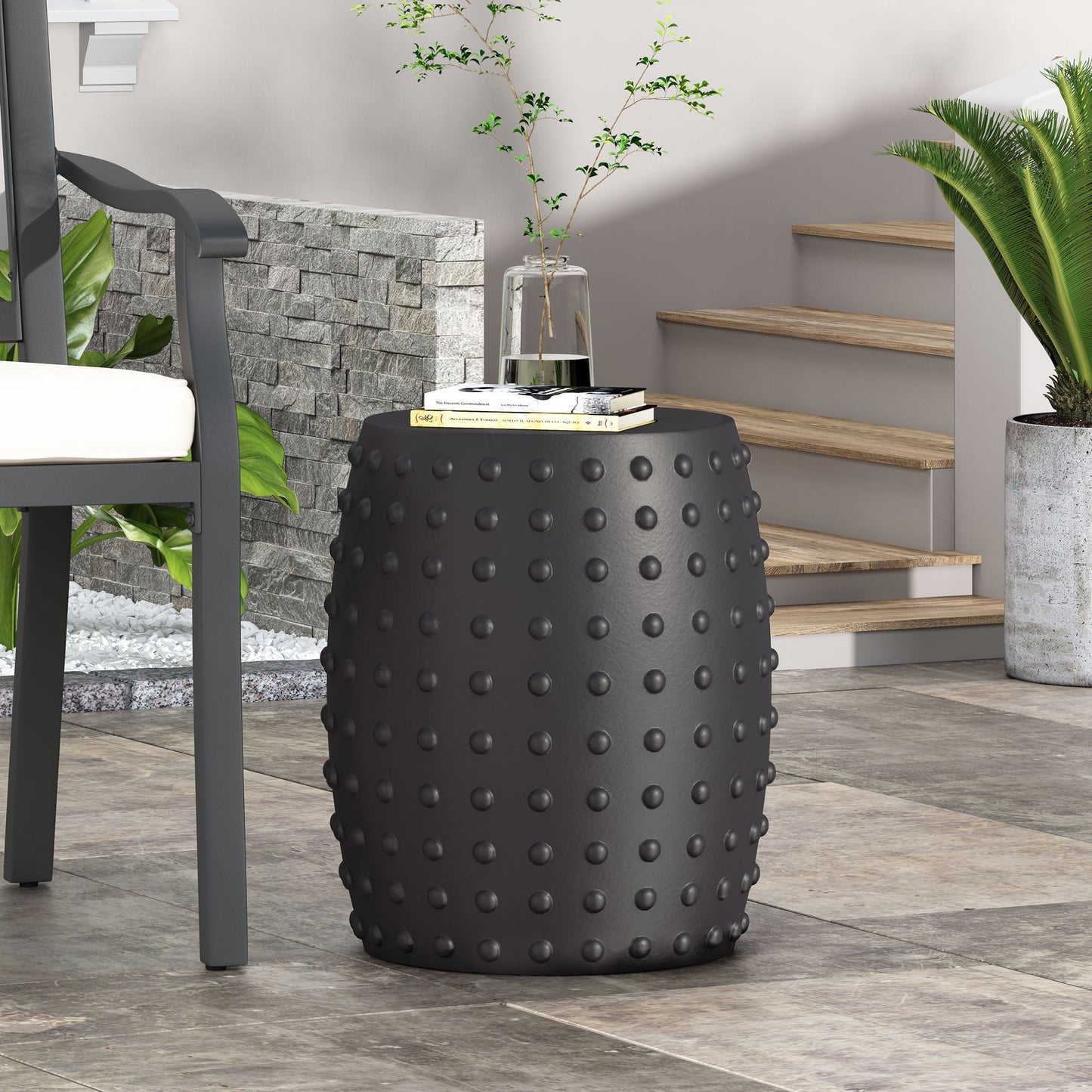 Outdoor End Table With Outstanding Studded Design - Matte Black Noble House