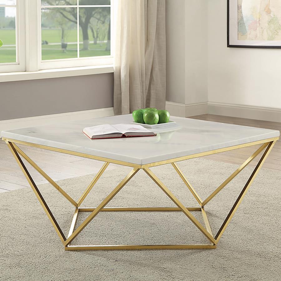 Meryl - Square Faux Marble Top Coffee Table - White And Gold CoasterEssence