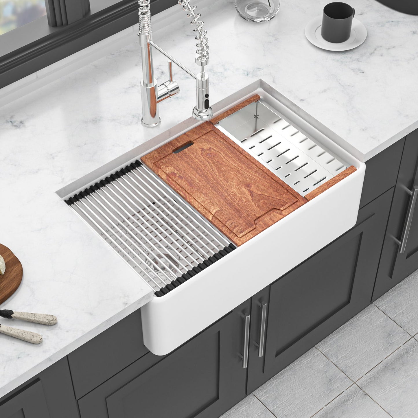 Double Bowl Sink Workstation 33" With Built In Work Surface And Accessories - White Daily Nest
