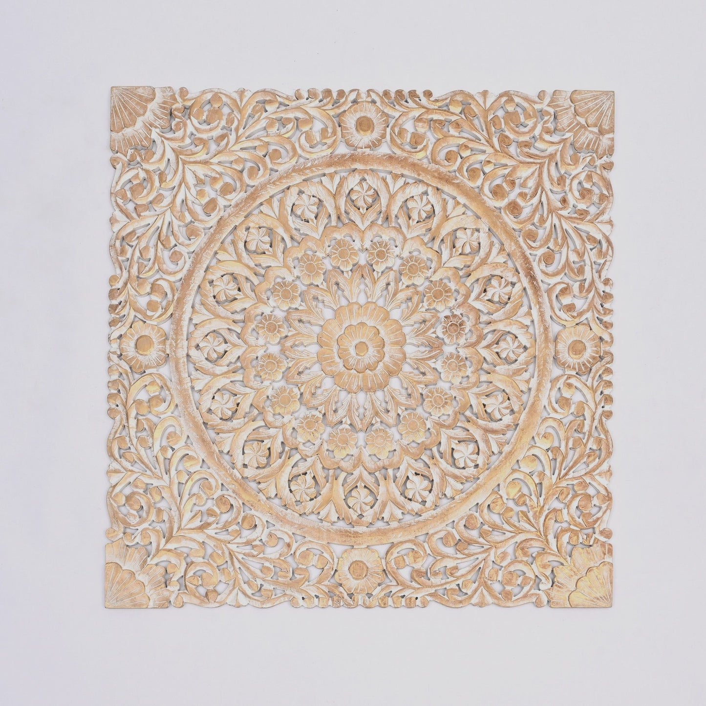 Floral Hand Carved Mandala Square Wall Decor With Spiritual Symbolism - Gold / White Daily Nest