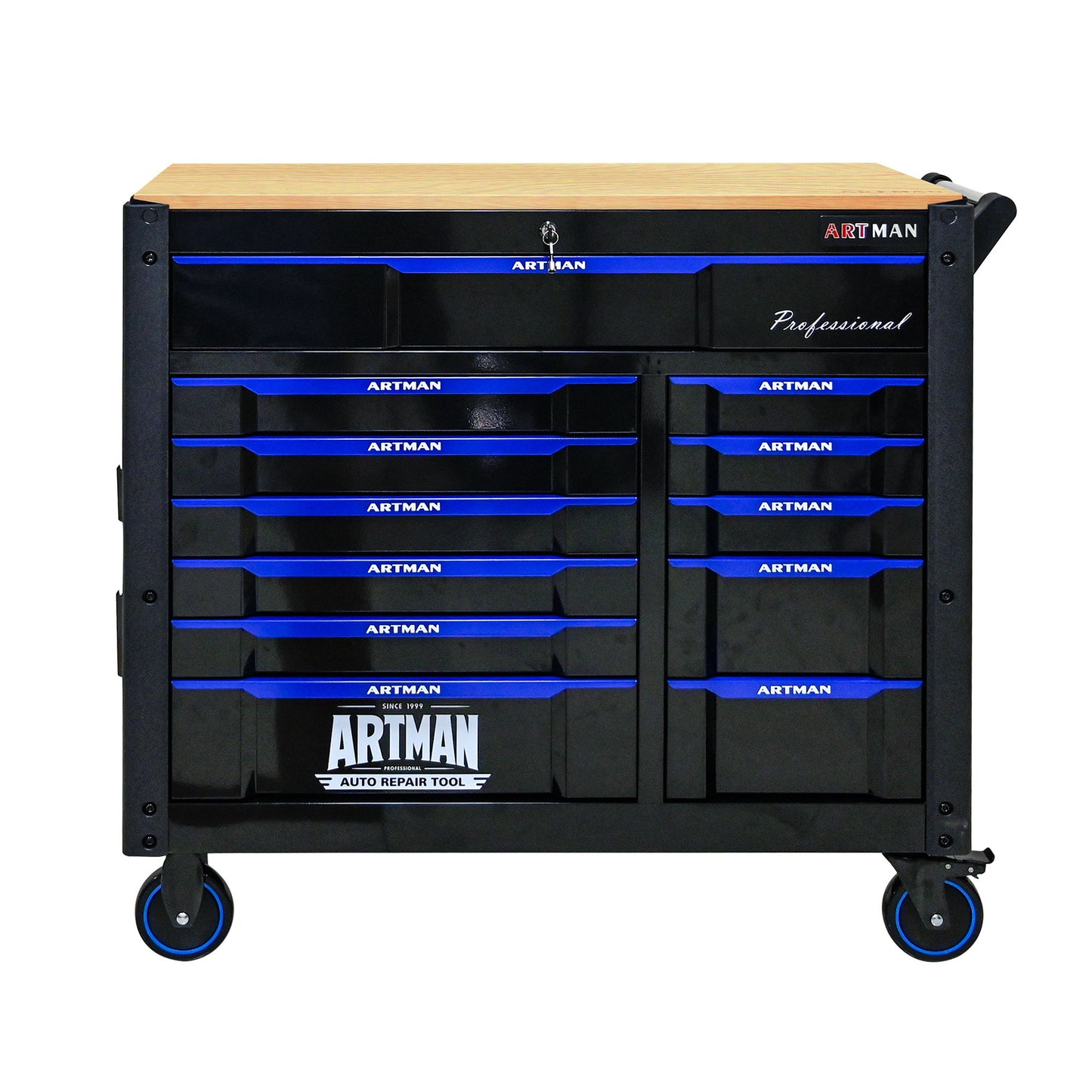 12 Layer Drawer Multi Purpose Tool Cart With Wheels And Wooden Countertops - Black / Blue Daily Nest