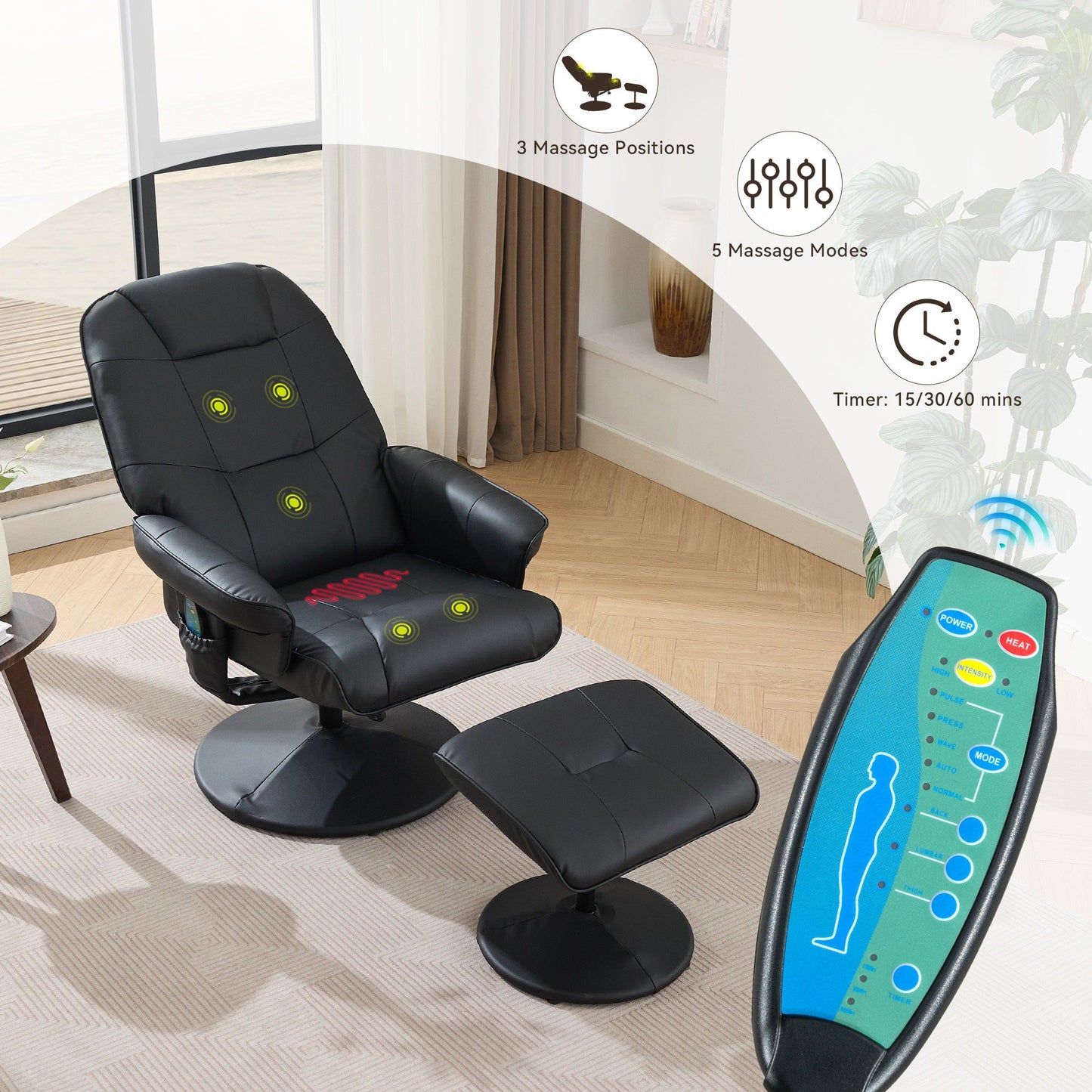 360° Swivel Reclining Chair With Wrapped Base, 5 Point Vibration Massage Home Essentials