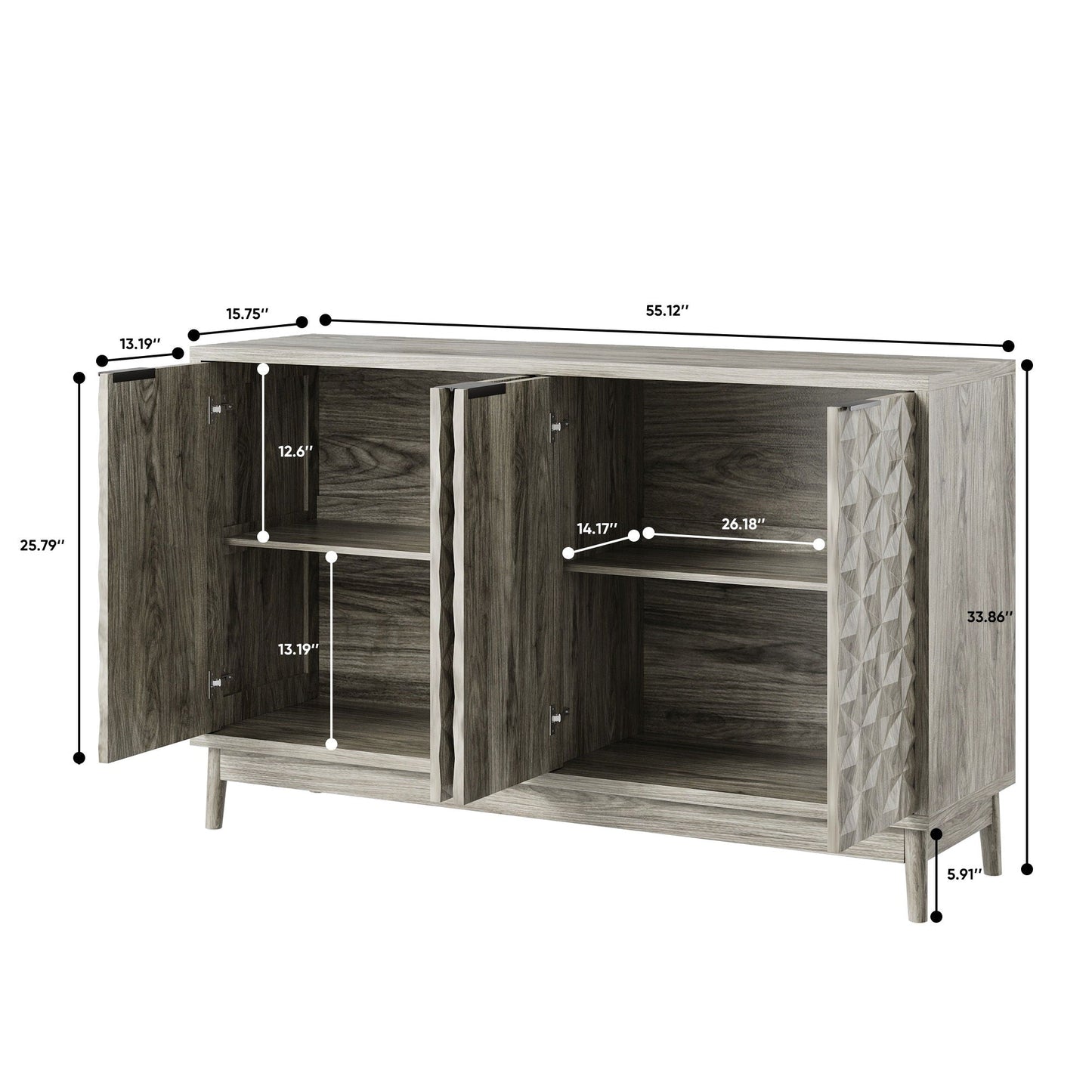 Modern Style Buffet Cabinet, Sideboard Buffet Cabinet With Storage, Storage Cabinet With 4 Diamond Shaped Relief Doors For Living Room, Dining Room, Entryway, Hallway, Kitchen - Gray - Gray Home Essentials
