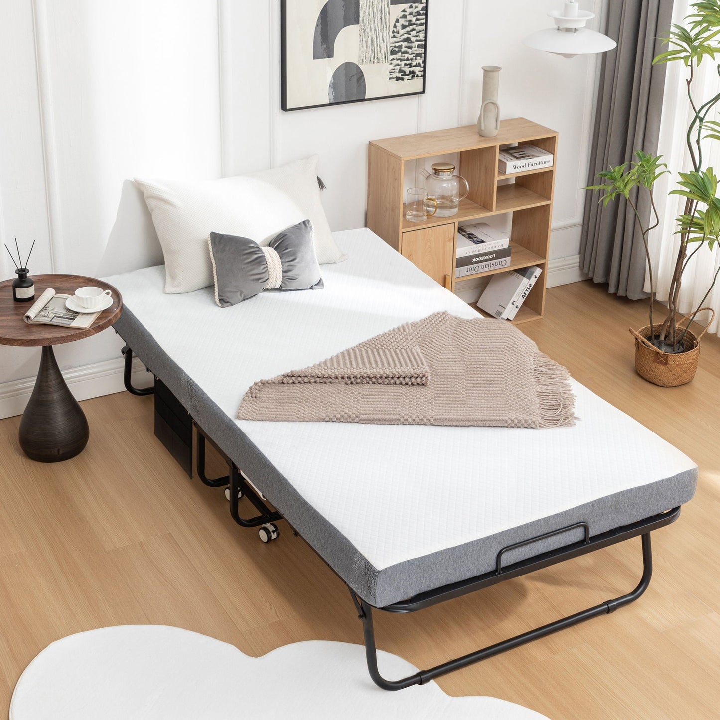 Foldable Metal Frame Bed For Guest With Memory Foam Mattress On Wheels, Saving Space Rollaway Bed Home Essentials