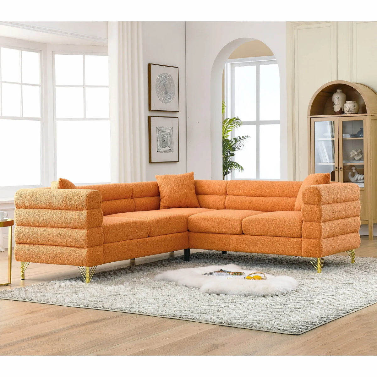 Oversized L - Shaped Corner Sofa, 5 Seater Sectional With 3 Cushions, Living Room Furniture - Orange Home Essentials
