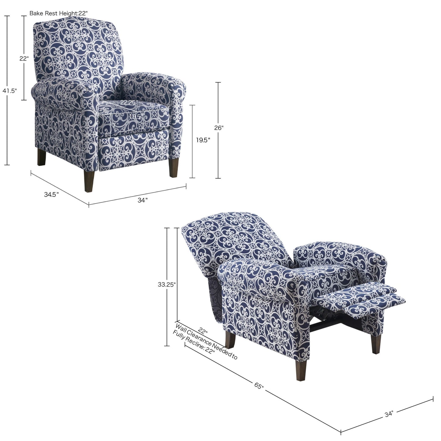 Push Back Recliner Chair With Fretwork Pattern And Solid Wood Legs - Multicolor JLA