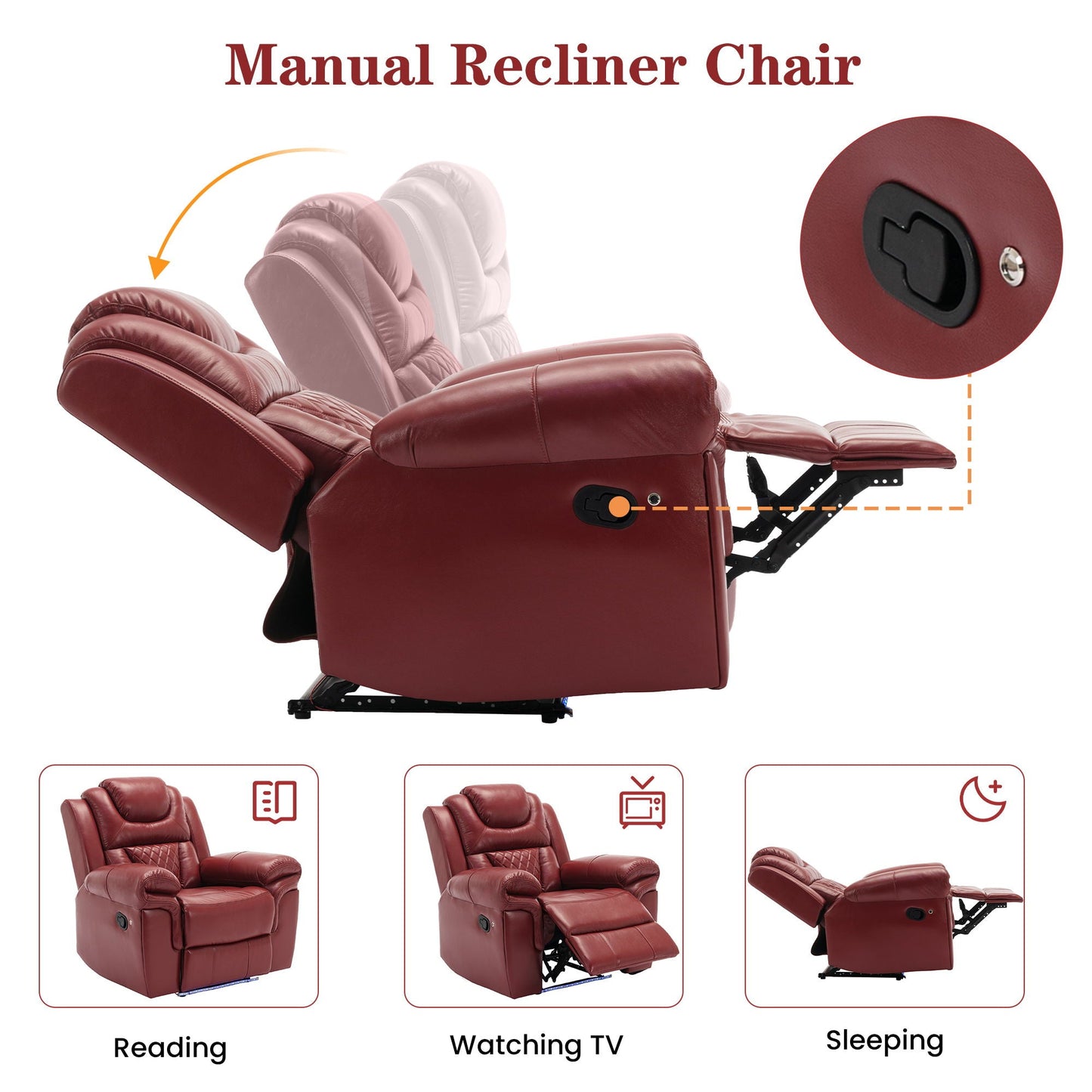 Home Theater Seating Manual Recliner Chair With Center Console And LED Light Strip For Living Room - Red Hearth and Haven