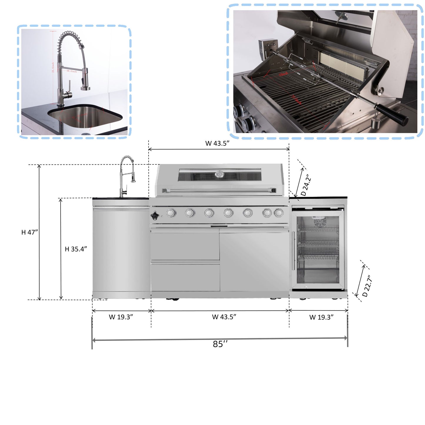 6 Burner 85, 000 Btu Deluxe Gas Outdoor Kitchen Island Grill With Wine Cooler Refrigerator, Rotisserie, Storage Cabinets & Drawers - Silver Daily Nest