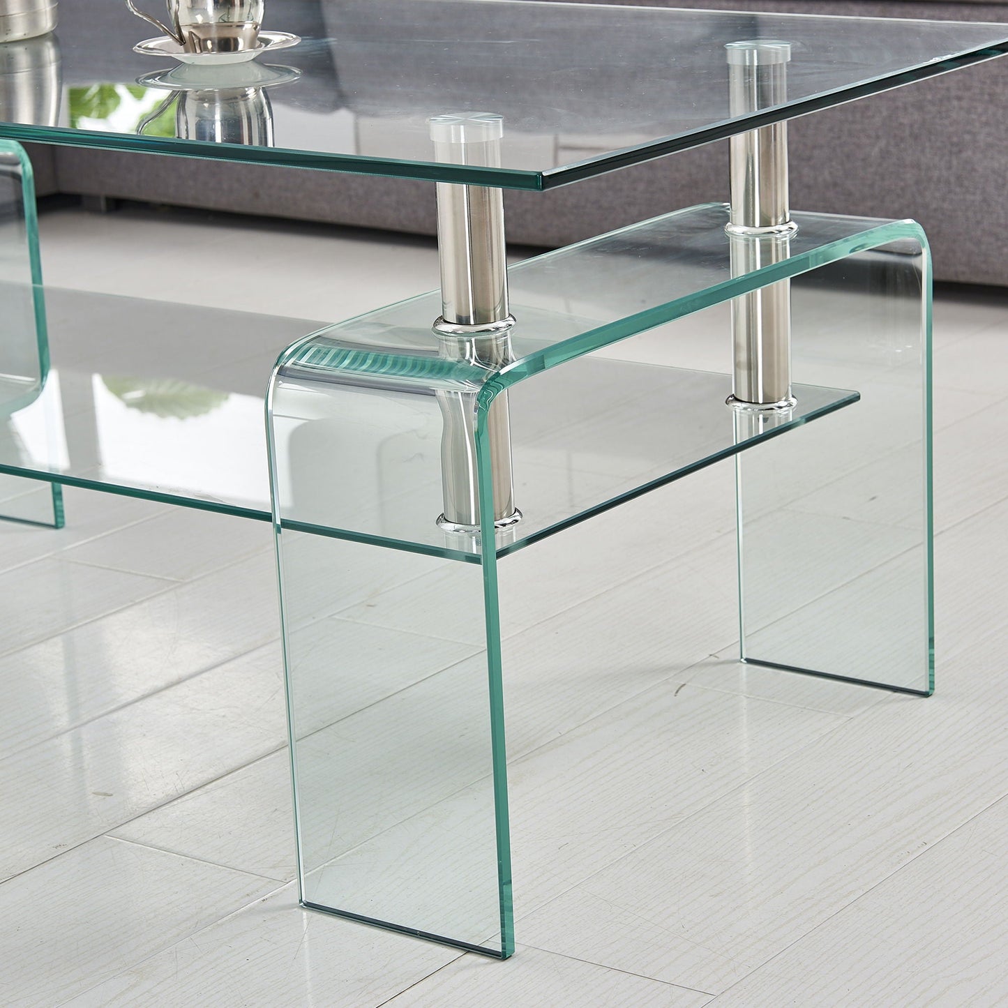 Modern Tempered Glass Coffee Table With 2 Tier Storage For Living Room Home Essentials