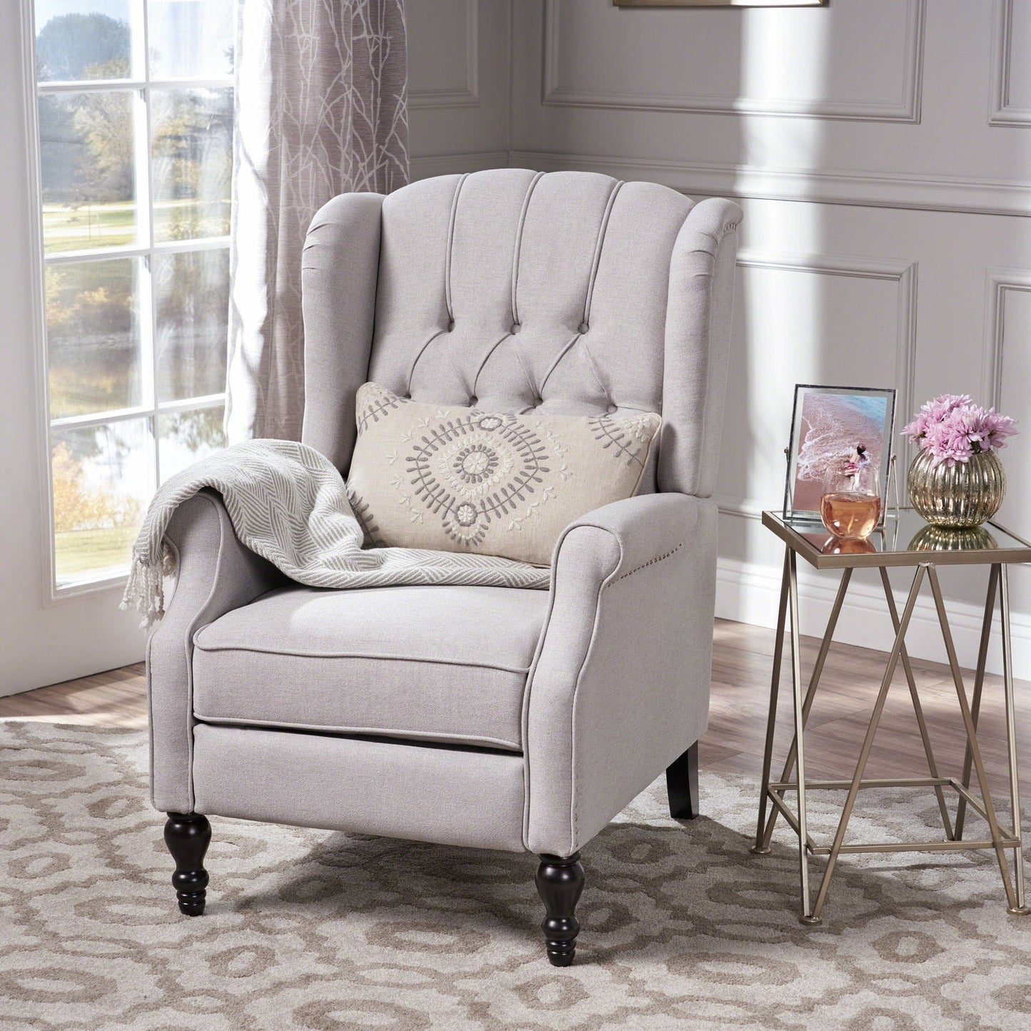 Tufted Arm Chair Recliner With Wingback Style, Pushback Mechanism - Light Gray Noble House