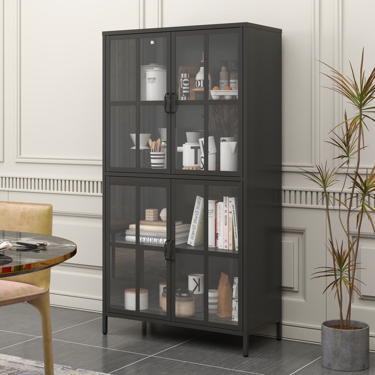Premium Metal Storage Cabinet With Tempered Glass Doors, Adjustable Shelves, And Anti Tipping Device - Black Home Essentials