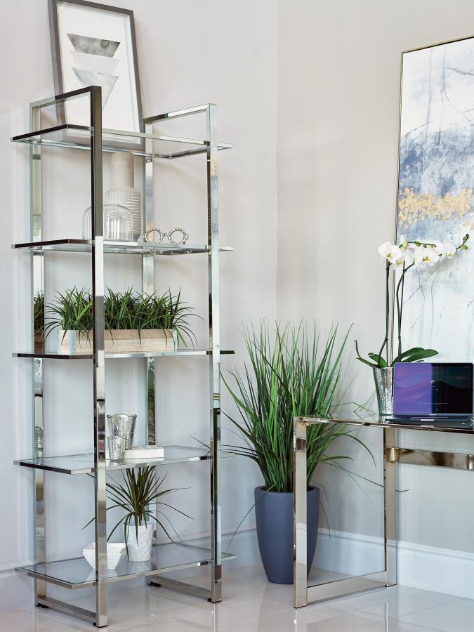 Hartford - 5-Shelf Glass Bookshelf - Chrome CoasterEssence