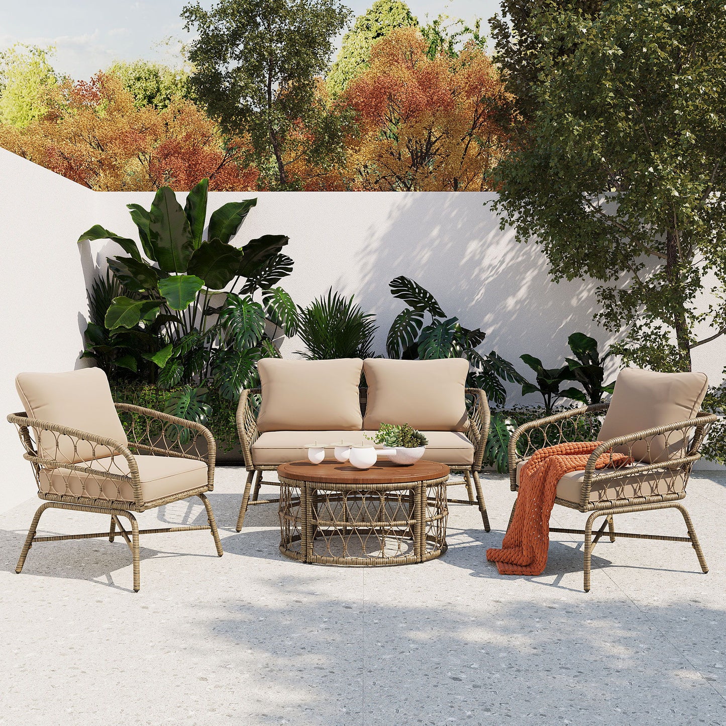 Bohemia-Inspired 4 Person Outdoor Seating Group With Removable Cushions, Conversation Patio Set With Wood Tabletop - Beige Hearth and Haven