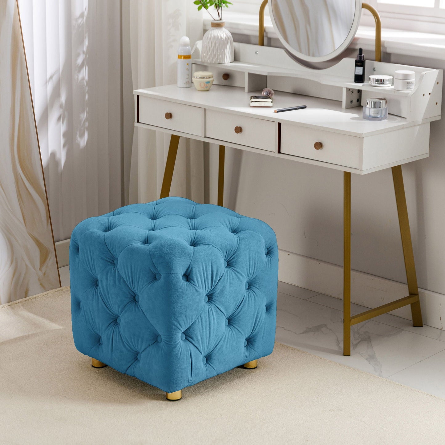 Modern Velvet Upholstered Ottoman, Exquisite Small End Table, Soft Foot Stool, Dressing Makeup Chair, Comfortable Seat For Living Room, Bedroom, Entrance Home Essentials