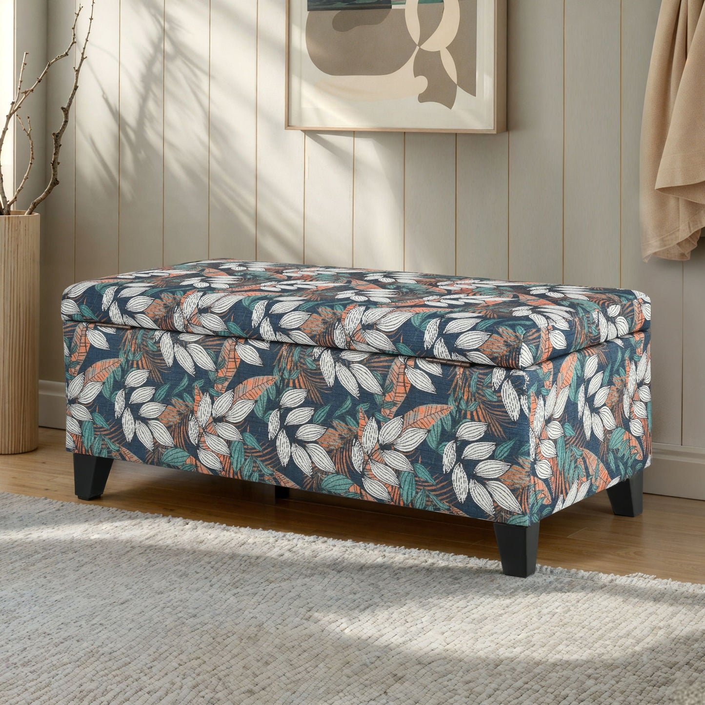 Charming Floral Storage Ottoman With Upholstered Fabric Noble House