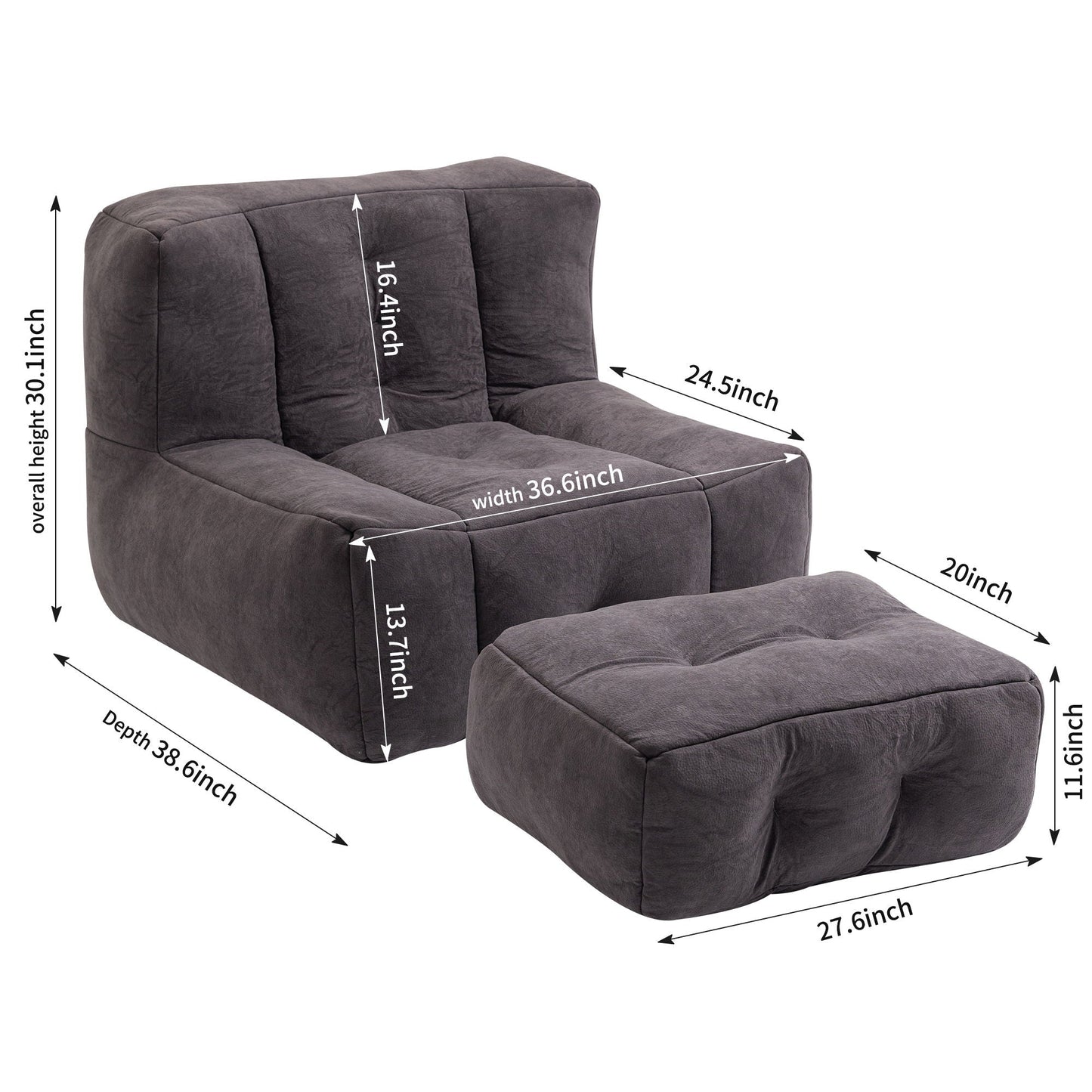 Modern Indoor Fluffy Bean Bag Chair With Memory Foam And Ottoman, Super Soft Home Essentials