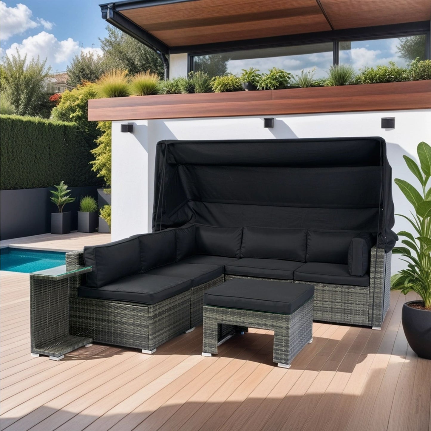 7 Piece Patio Furniture Set With Retractable Canopy Wicker Rattan Sectional Sofa Set Patio Furniture With Washable Cushions For Lawn, Garden, Backyard, Poolside Wicker And Cushion - Gray / Black Home Essentials