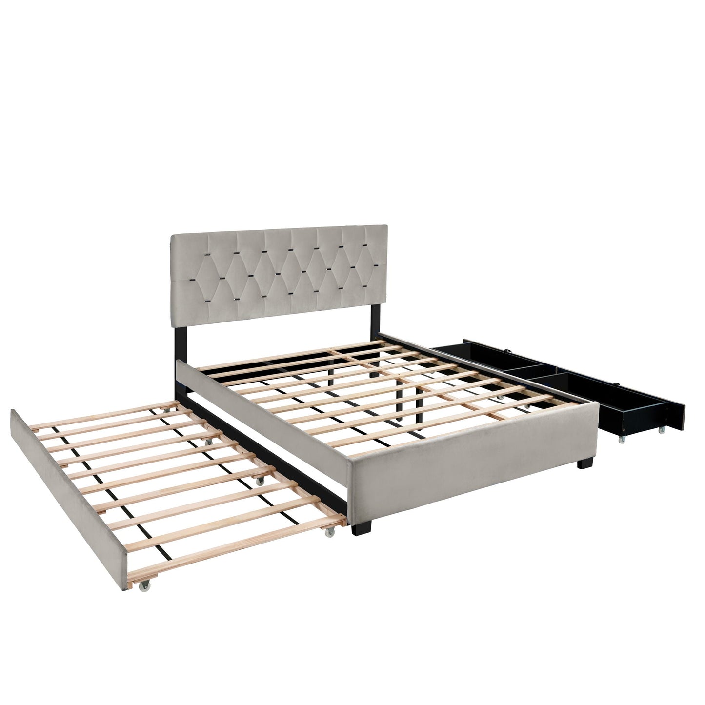 Trundle Pull Out Drawers Storage Upholstered Bed Modern Design No Box Spring Required Home Essentials