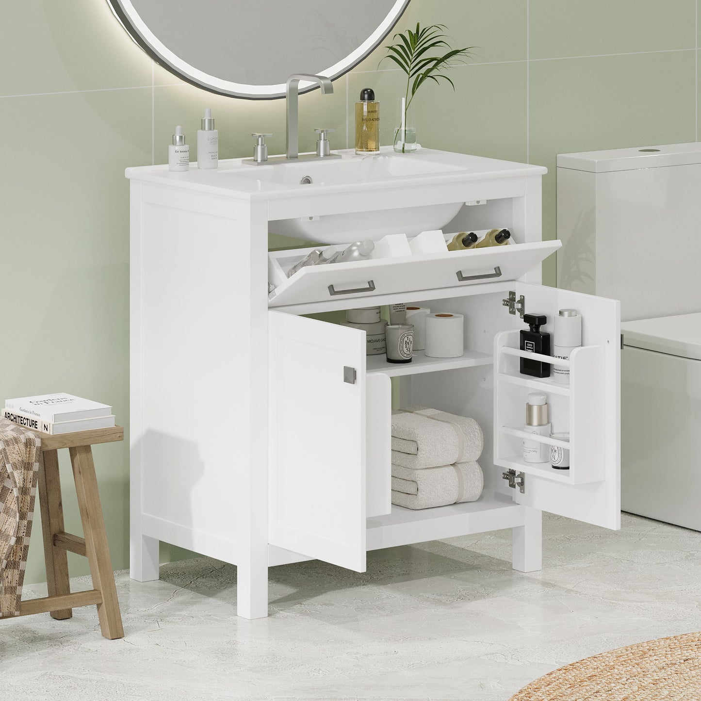 Bathroom Vanity With Ceramic Sink, Modern Single Bathroom Cabinet With 2 Doors And A Shelf, Soft Close Doors Hearth and Haven