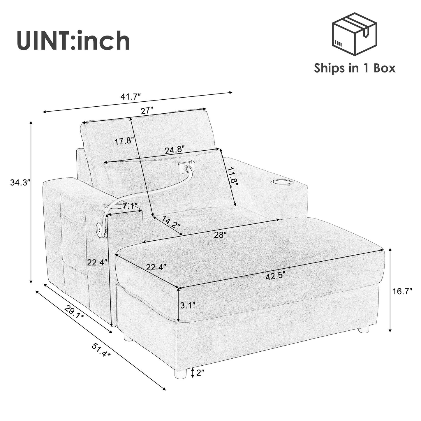 Modern Style Armchair Chaise Lounge Sofa Couch With Movable Storage Ottoman, USB Ports, Cup Holders, Phone Holder, Side Pockets Hearth and Haven