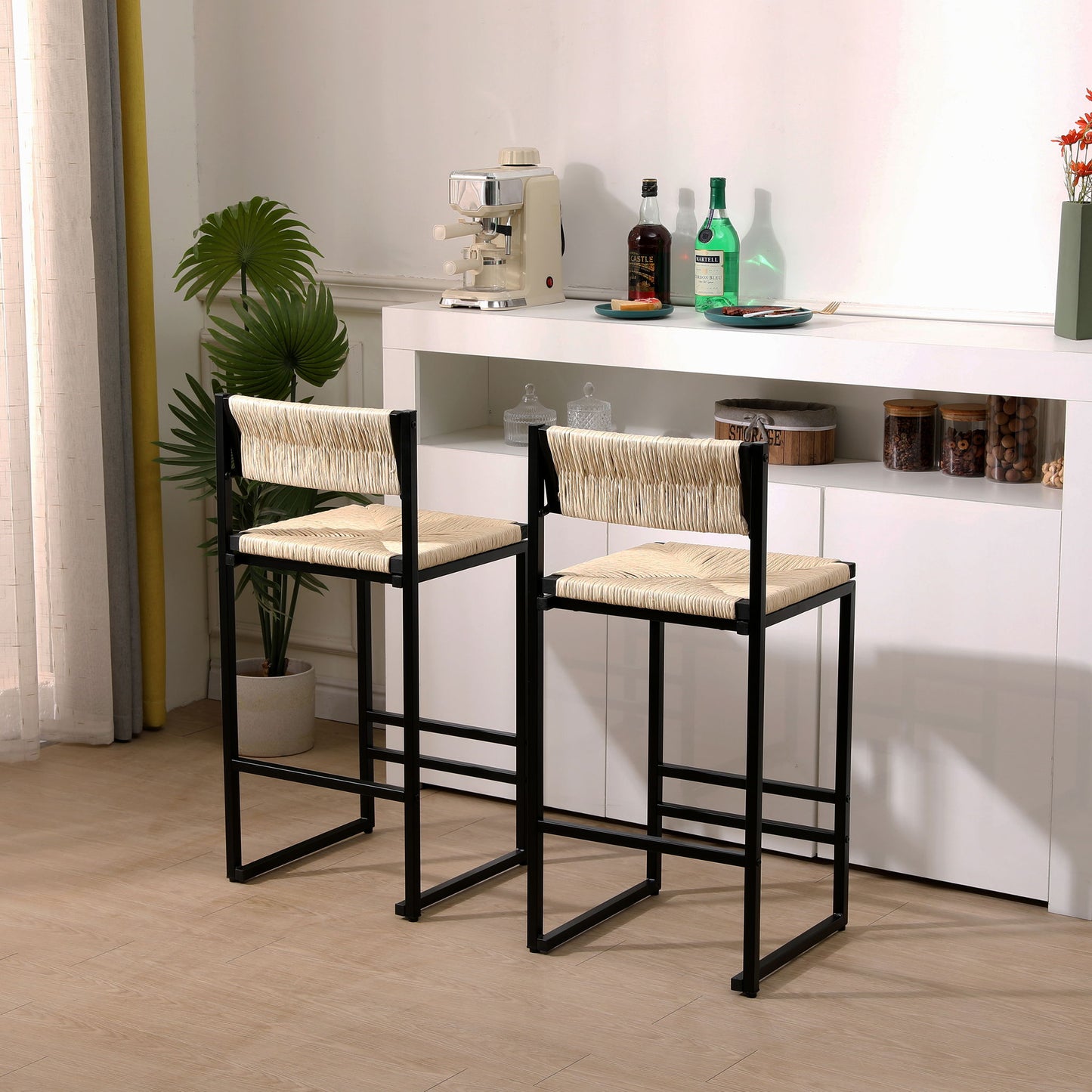 Bar Stools Paper Rope Weave Dining Chairs With Back Hand Weave Stools For Kichen Island, Bar & Counter (Set of 2) Home Essentials