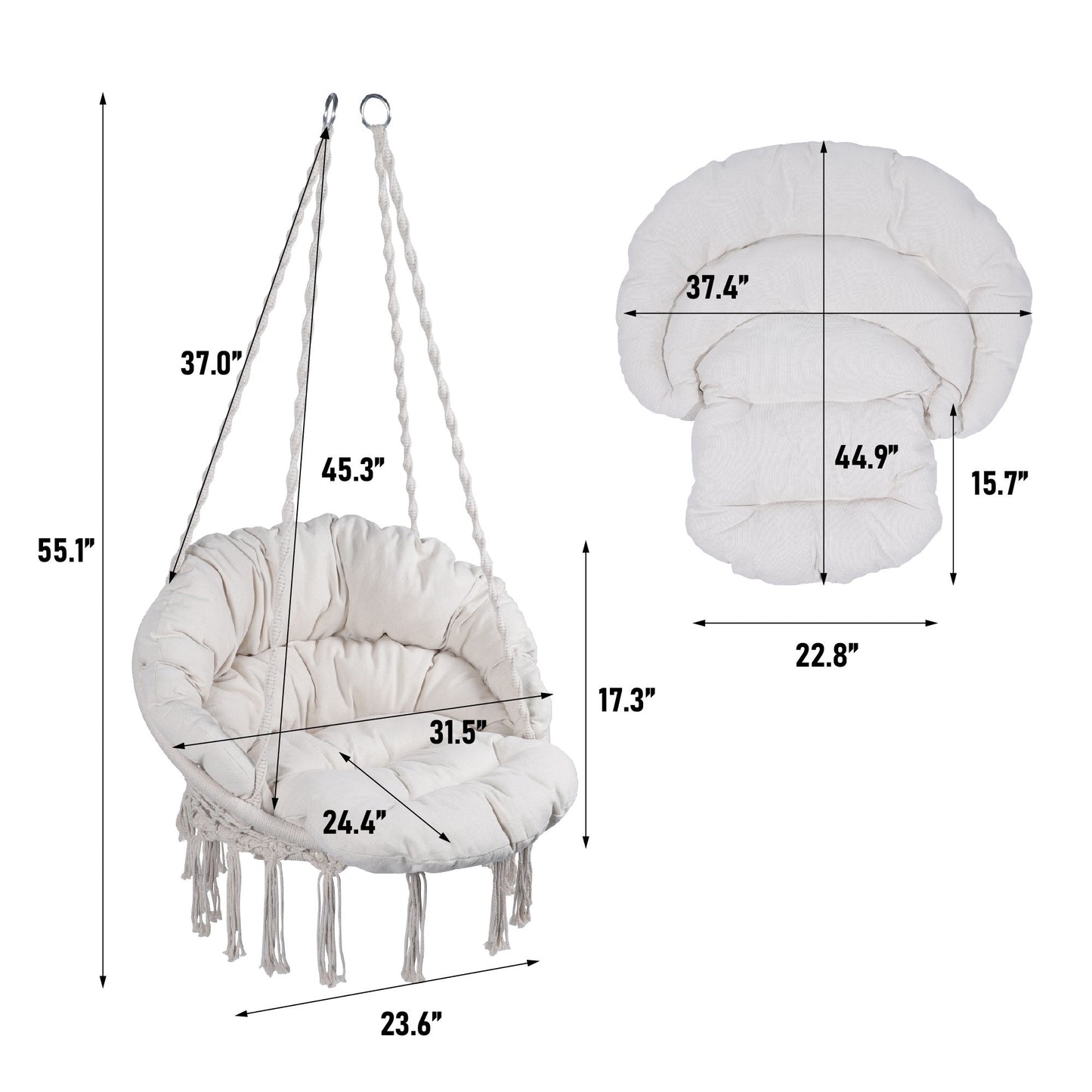Macrame Hanging Hammock Chair With Cushion, Cotton Rope Swing For Indoor And Outdoor Use, 330 Lbs Capacity - Beige Home Essentials