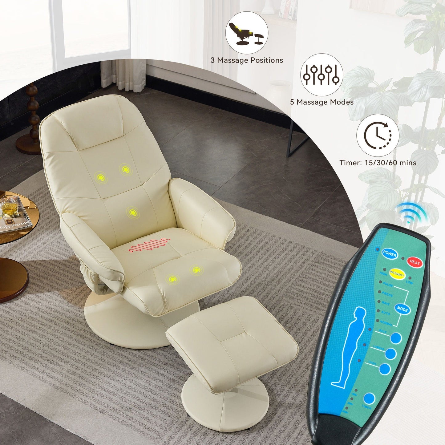 360° Swivel Reclining Chair With Wrapped Base, 5 Point Vibration Massage Home Essentials