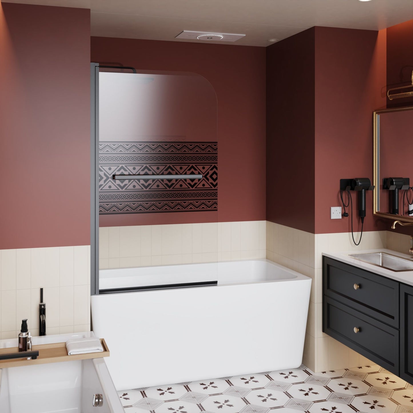 Bohemian Shower Door Bathtub With Tempered Glass And Handle - Matt Black Daily Nest