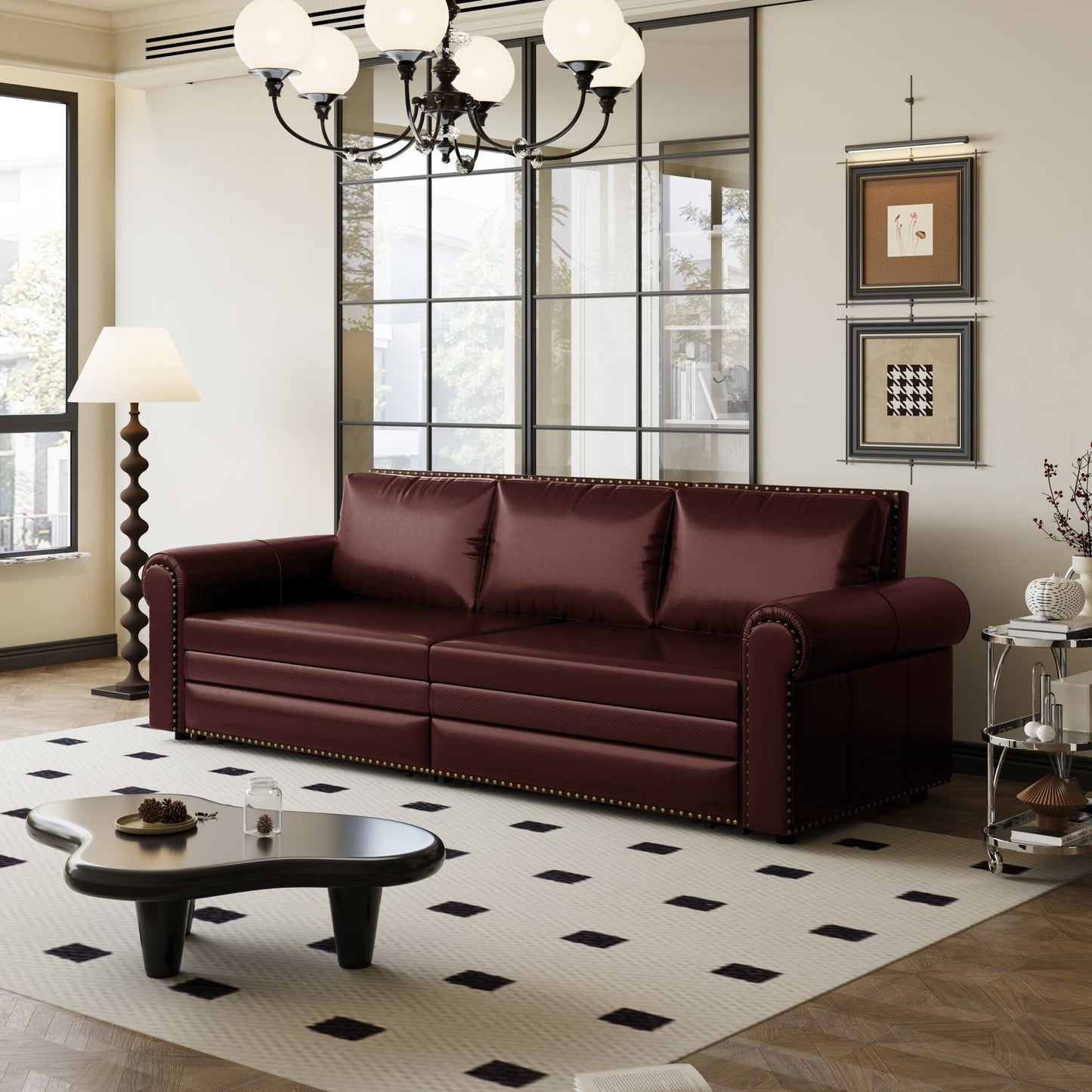 3 In 1 Convertible Sleeper Sofa With Nailhead Trim & Rolled Arm Home Essentials
