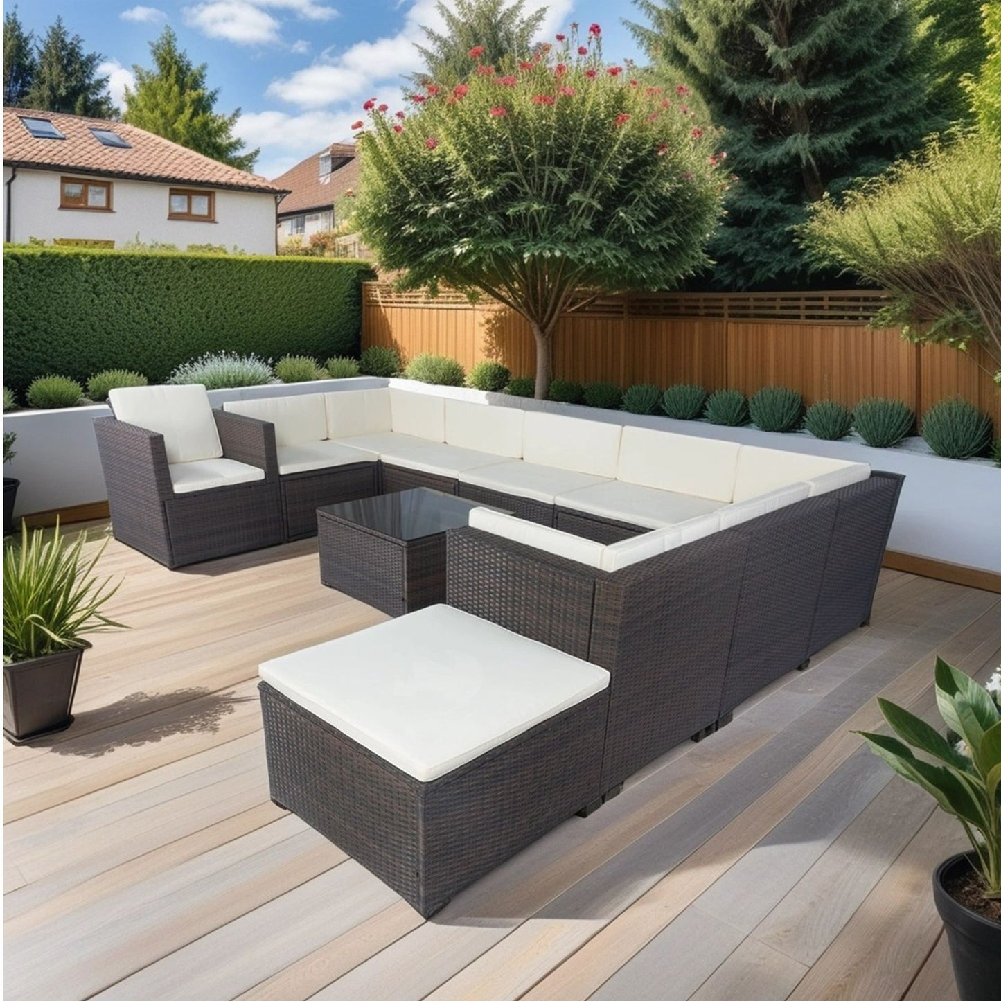 11 Piece Patio Wicker Conversation Set, 10 Seater Patio Sectional Set With 3 Storage Box Under Seat - Brown / White Home Essentials