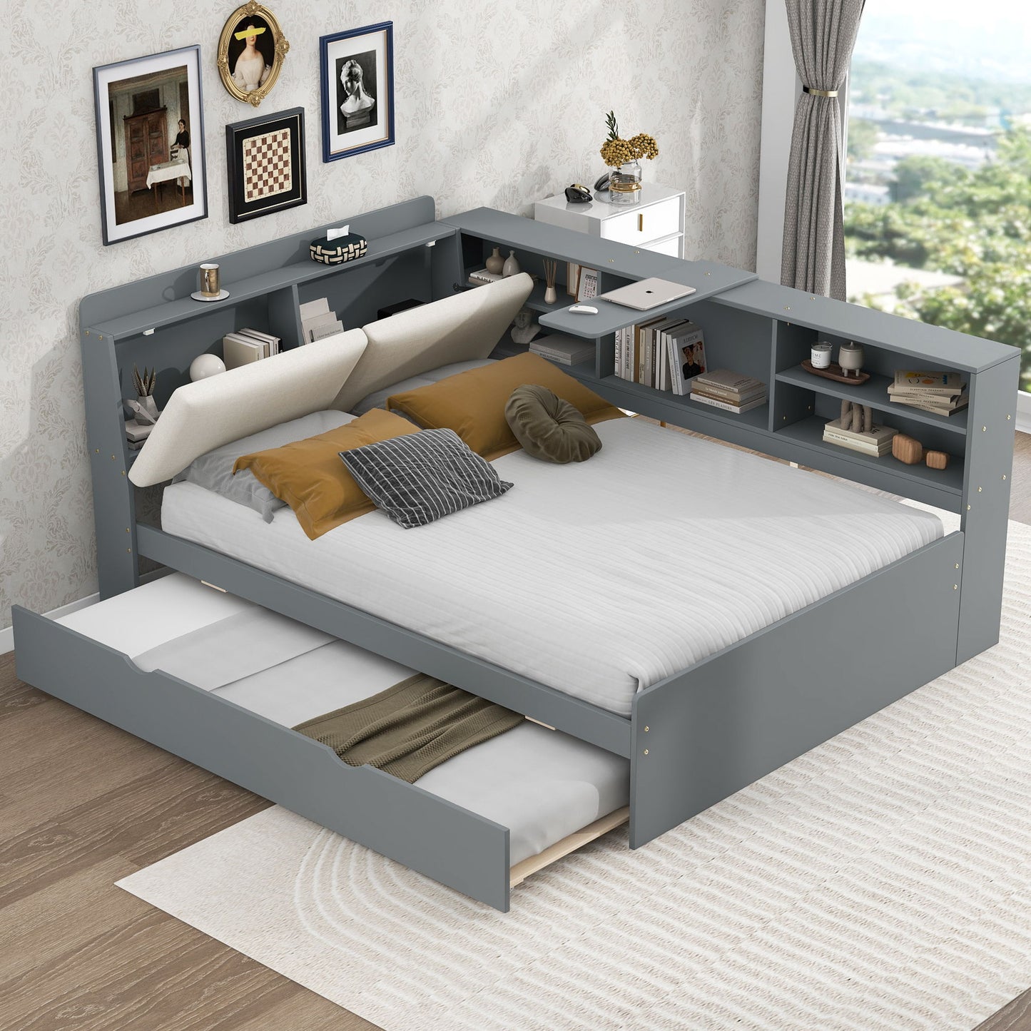 Platform Bed With Trundle, Shelves, And Storage Headboard Hearth and Haven