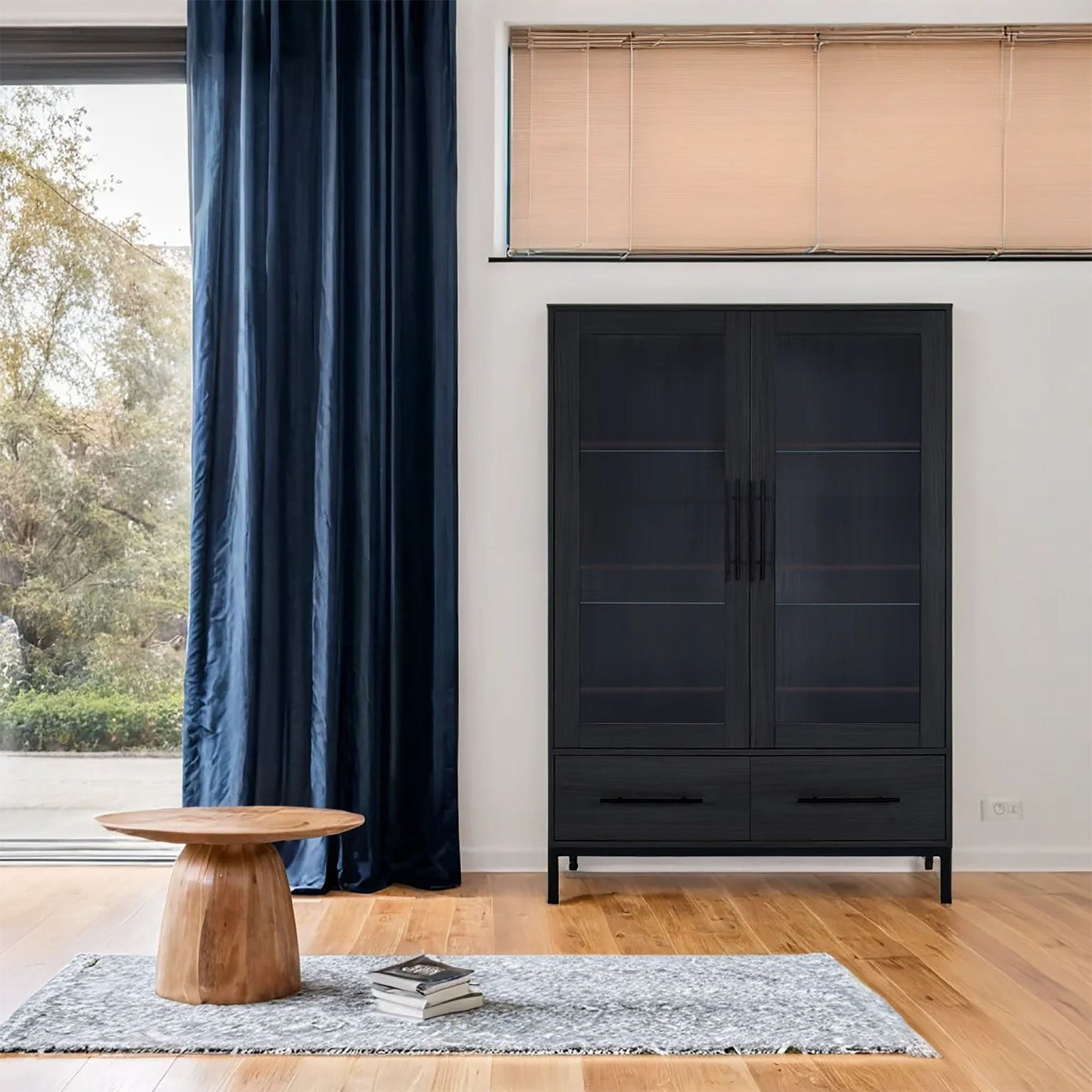 Modern Style Tall Display Cabinet With LED Lighting, Tempered Glass Door, 2 Drawers Hearth and Haven