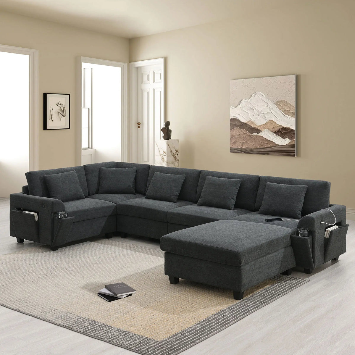 U Shaped Sectional Sofa 6 Seat Couch Set With Oversized Ottoman, Hidden Armrest Storage And Cup Holders USB Charging Ports Wide Seat Sofa Luxe & Co.