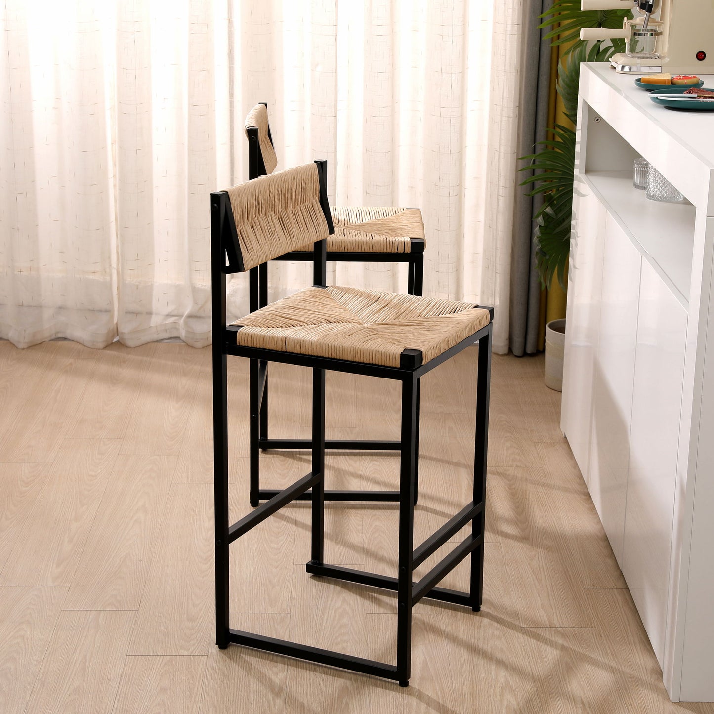 Bar Stools Paper Rope Weave Dining Chairs With Back Hand Weave Stools For Kichen Island, Bar & Counter (Set of 2) Home Essentials