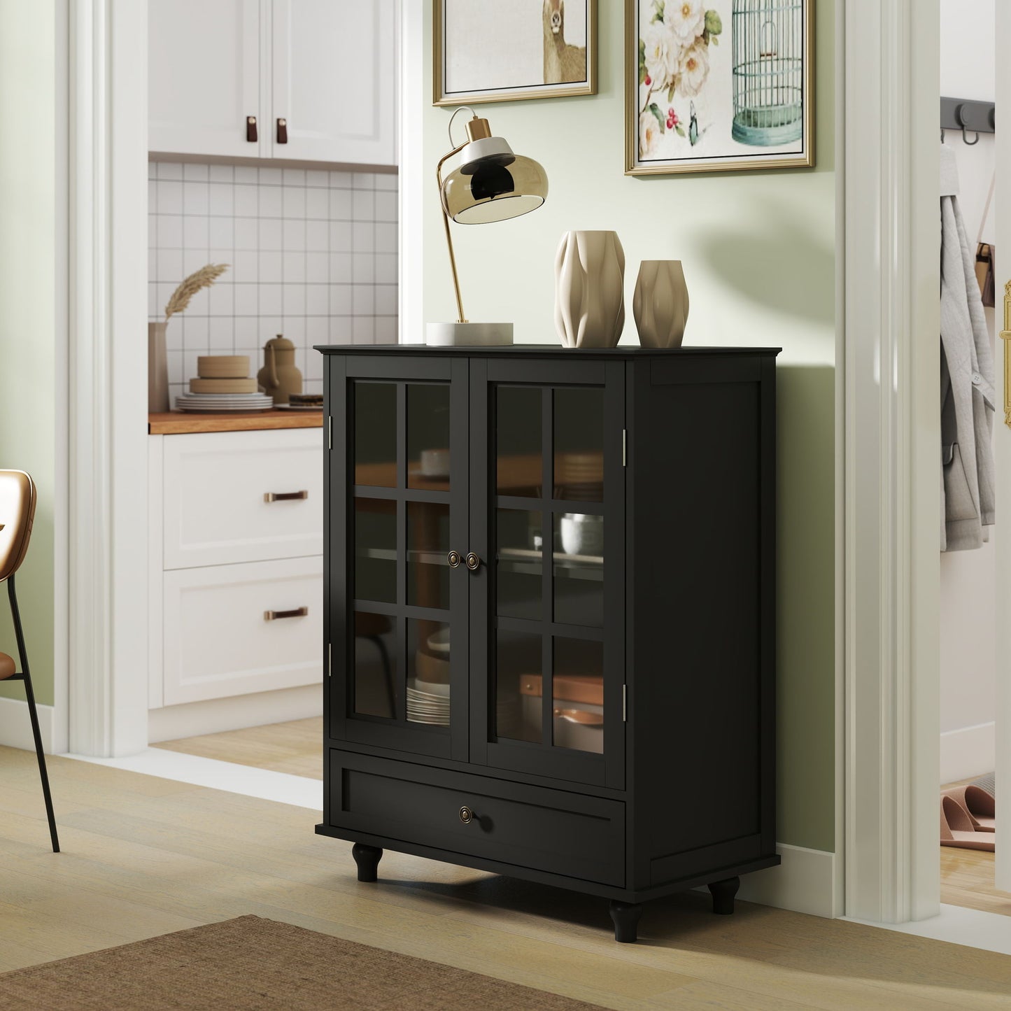 Minimalist Buffet Cabinet With Double Glass Doors And Drawer Home Essentials