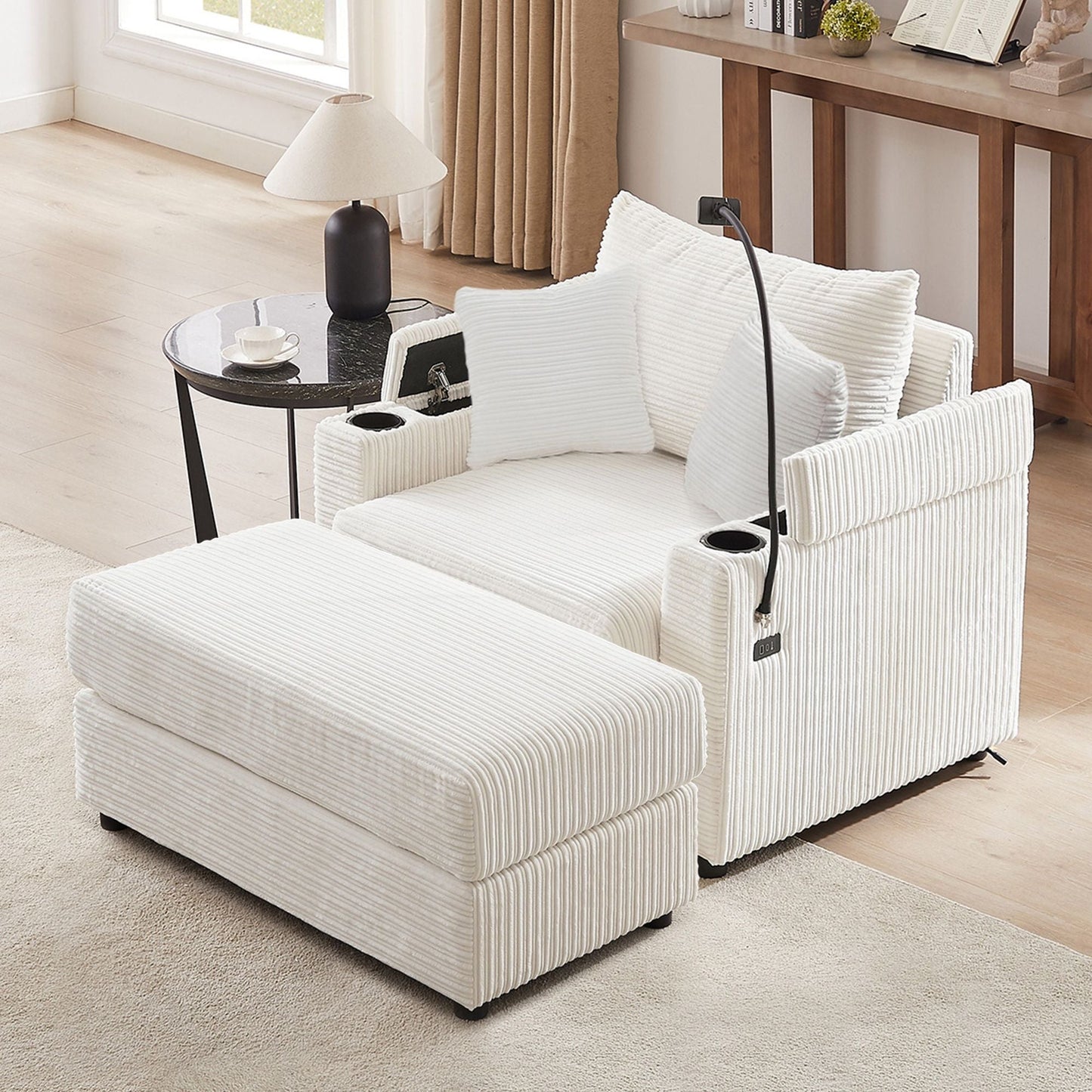 Single Sofa Couch With Storage Space, Movable Ottoman, USB Ports, Cup Holders, Phone Holder Hearth and Haven