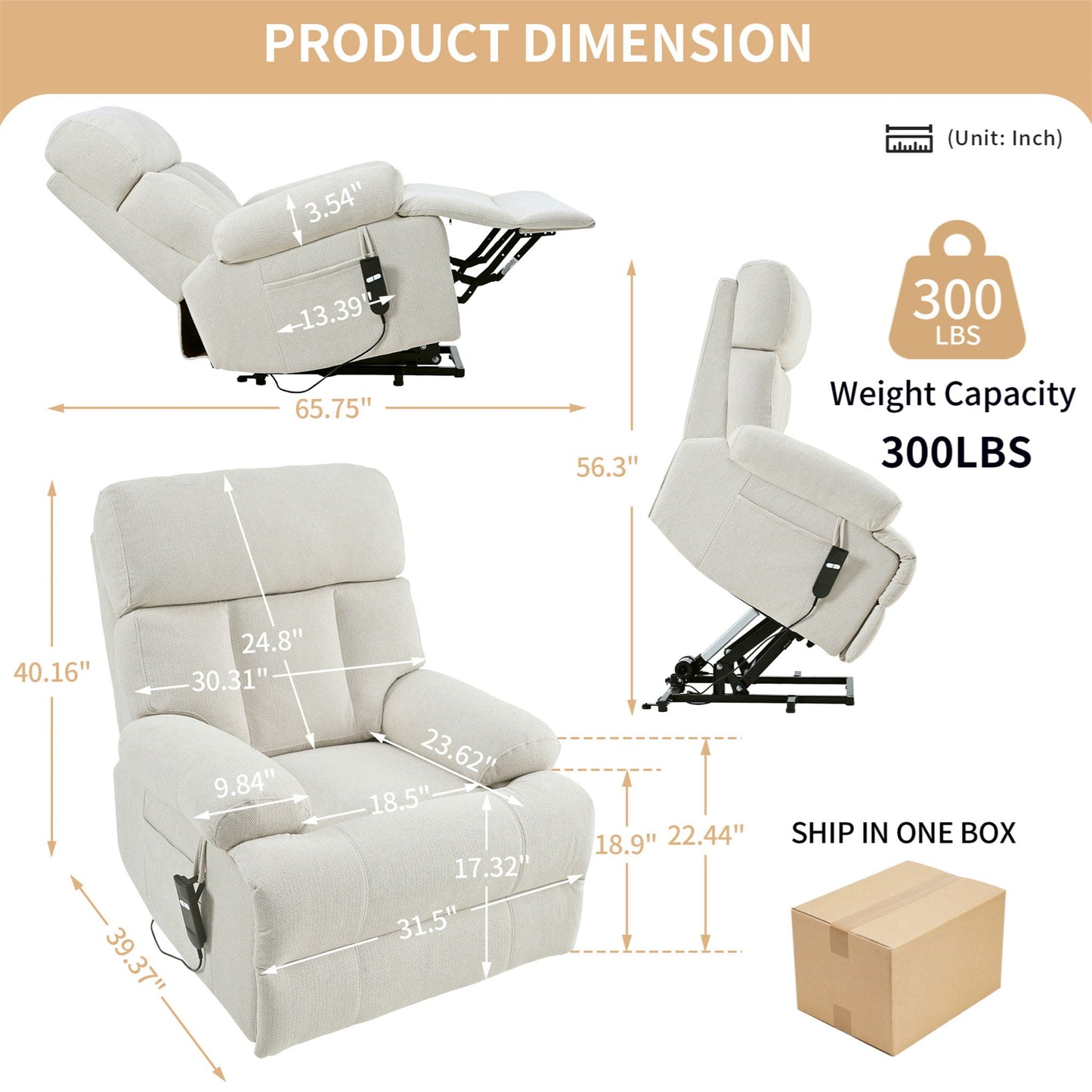 Oversized Power Lift Recliner Chai With Remote Control, Side Pocket, Spacious Seat Home Essentials