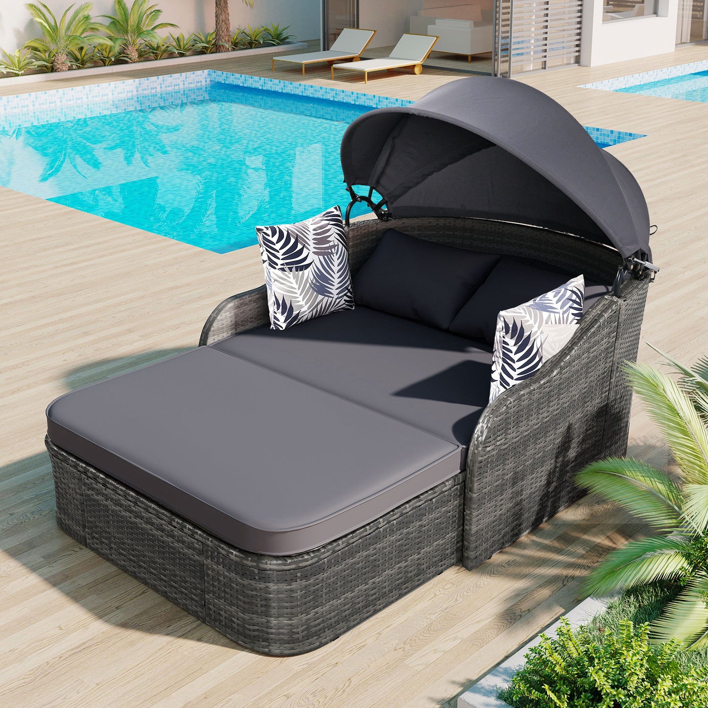 Outdoor Sunbed With Adjustable Canopy, Daybed With Pillows, Double Lounge, PE Rattan Daybed Hearth and Haven