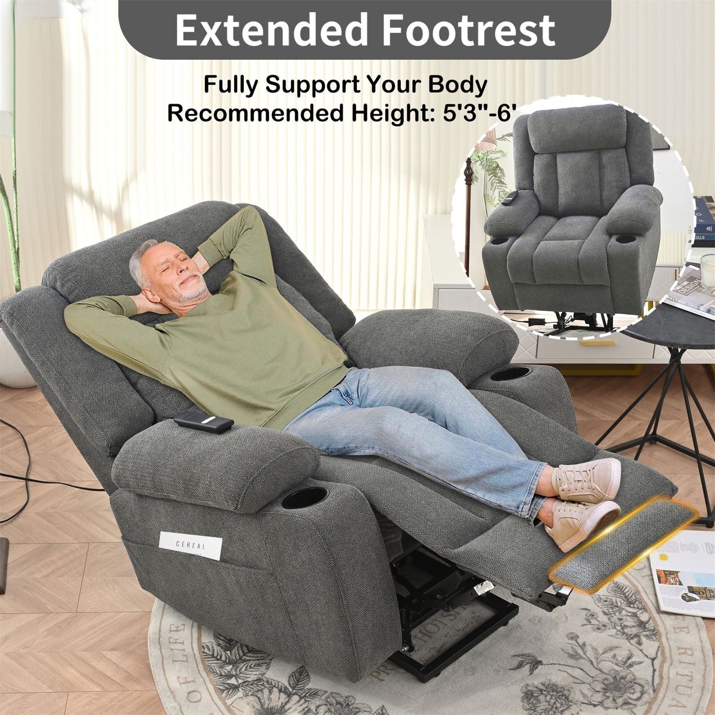 Power Lift Recliner Chair With Extended Footrest, Remote Control, Cup Holders, And Side Pockets Home Essentials