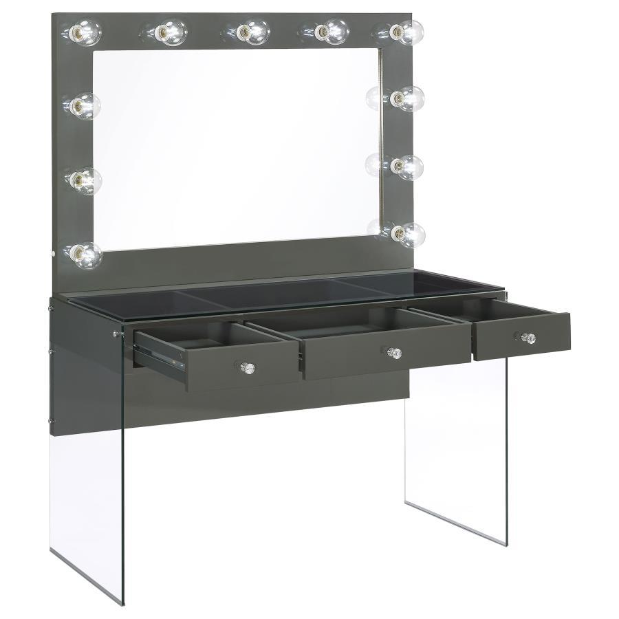 Afshan - 3-Drawer Vanity Set With Lighting - Gray High Gloss CoasterEssence