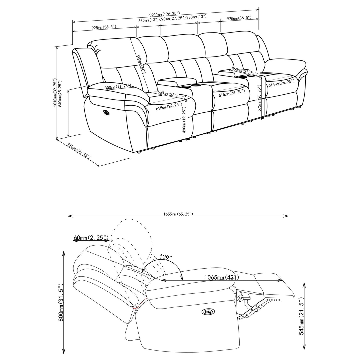 Divine - 5 Piece Power Reclining Home Theater Seating Set With Memory Foam Cushions And Storage Consoles