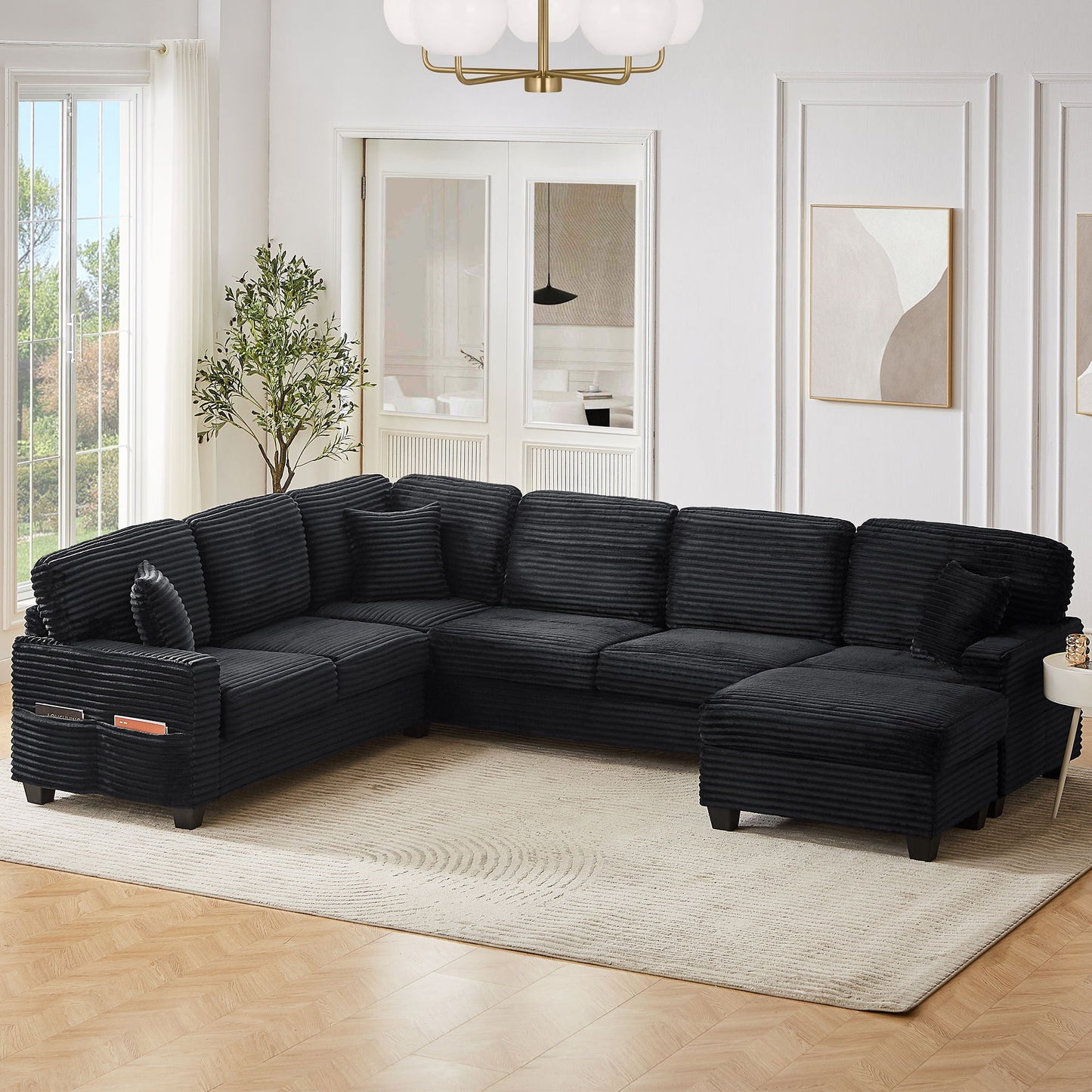 Upholstered U-Shaped Sectional Sofa With Movable Ottoman And Side Storage Pockets - Snoozhouse