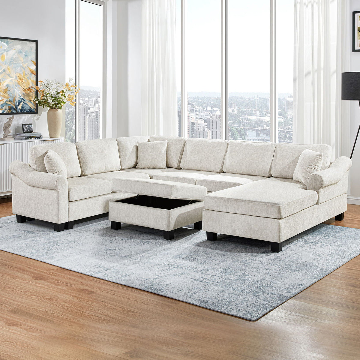 Contemporary U - Shaped Sectional Sofa With Movable Storage Ottoman Hearth and Haven